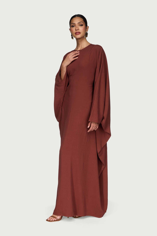 Linen Blend Butterfly Inner Tie Maxi Dress - Chocolate Abayas Veiled 