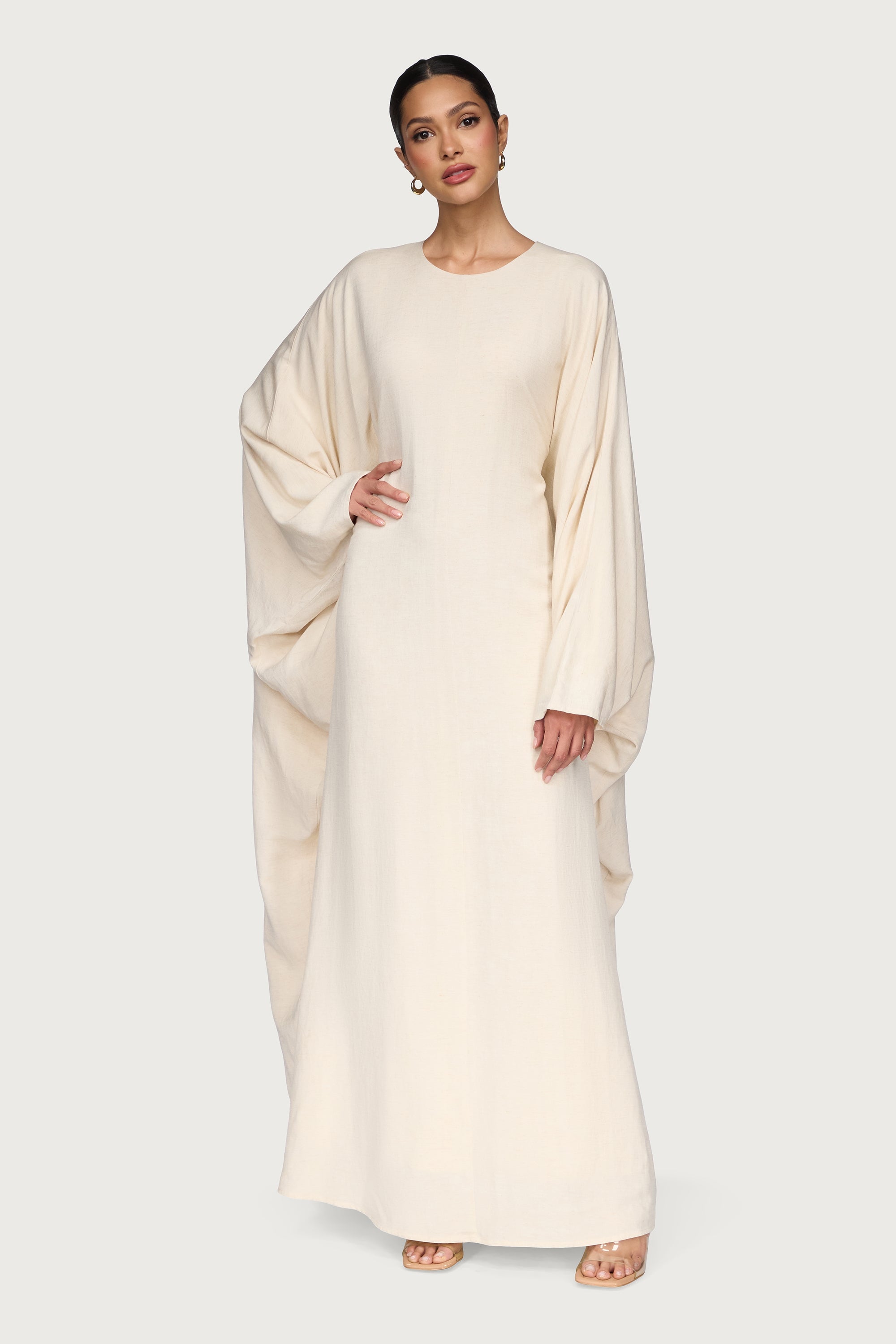 Linen Blend Butterfly Inner Tie Maxi Dress - Oatmeal