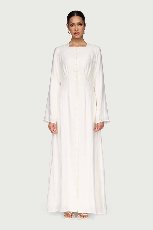 Linen Blend Button Front Maxi Dress - Off White Abayas Veiled 