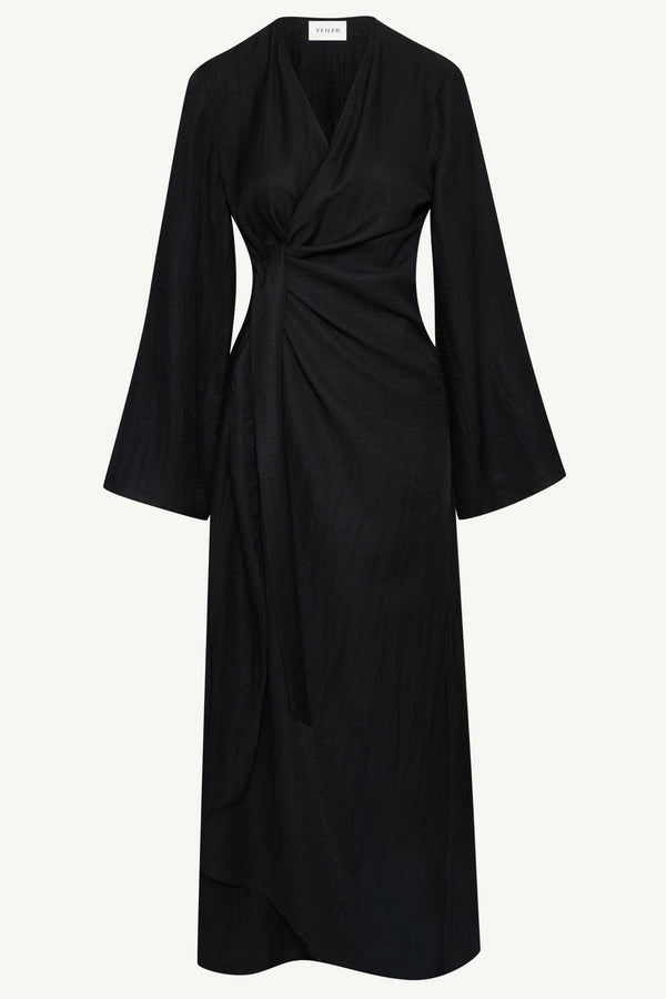 Linen Blend Side Tie Abaya - Black Dresses Veiled 