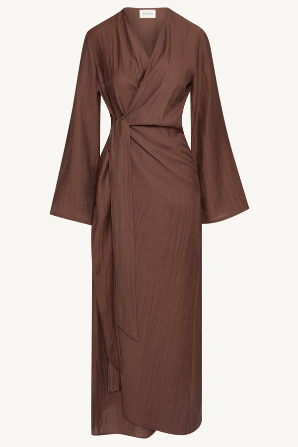 Linen Blend Side Tie Abaya - Chocolate Brown Dresses Veiled 
