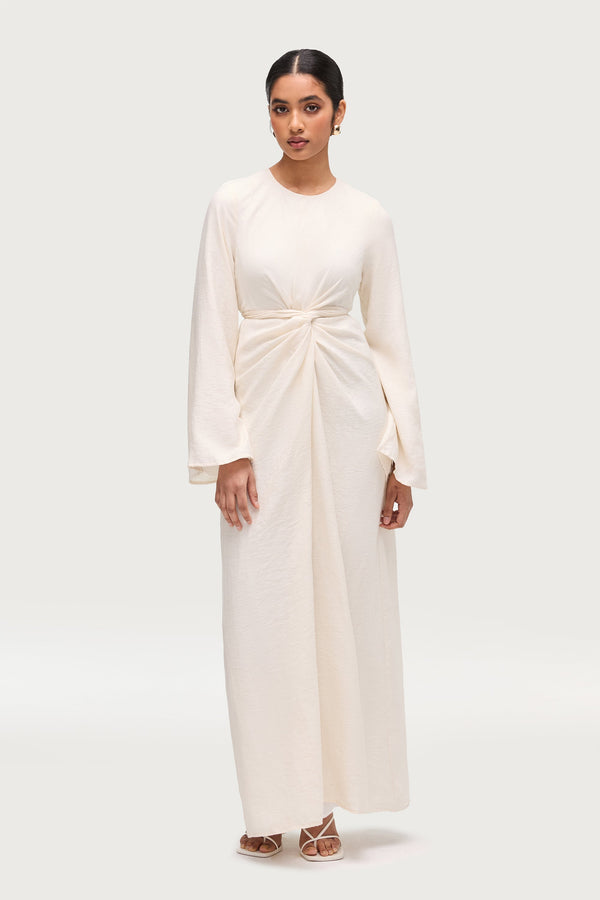 Linen Blend Tie Waist Maxi Dress - Ivory Dresses Veiled 