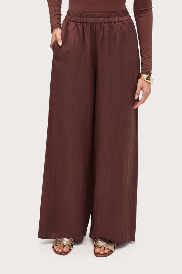 Linen Blend Wide Leg Pants - Chocolate Brown Dresses Veiled 