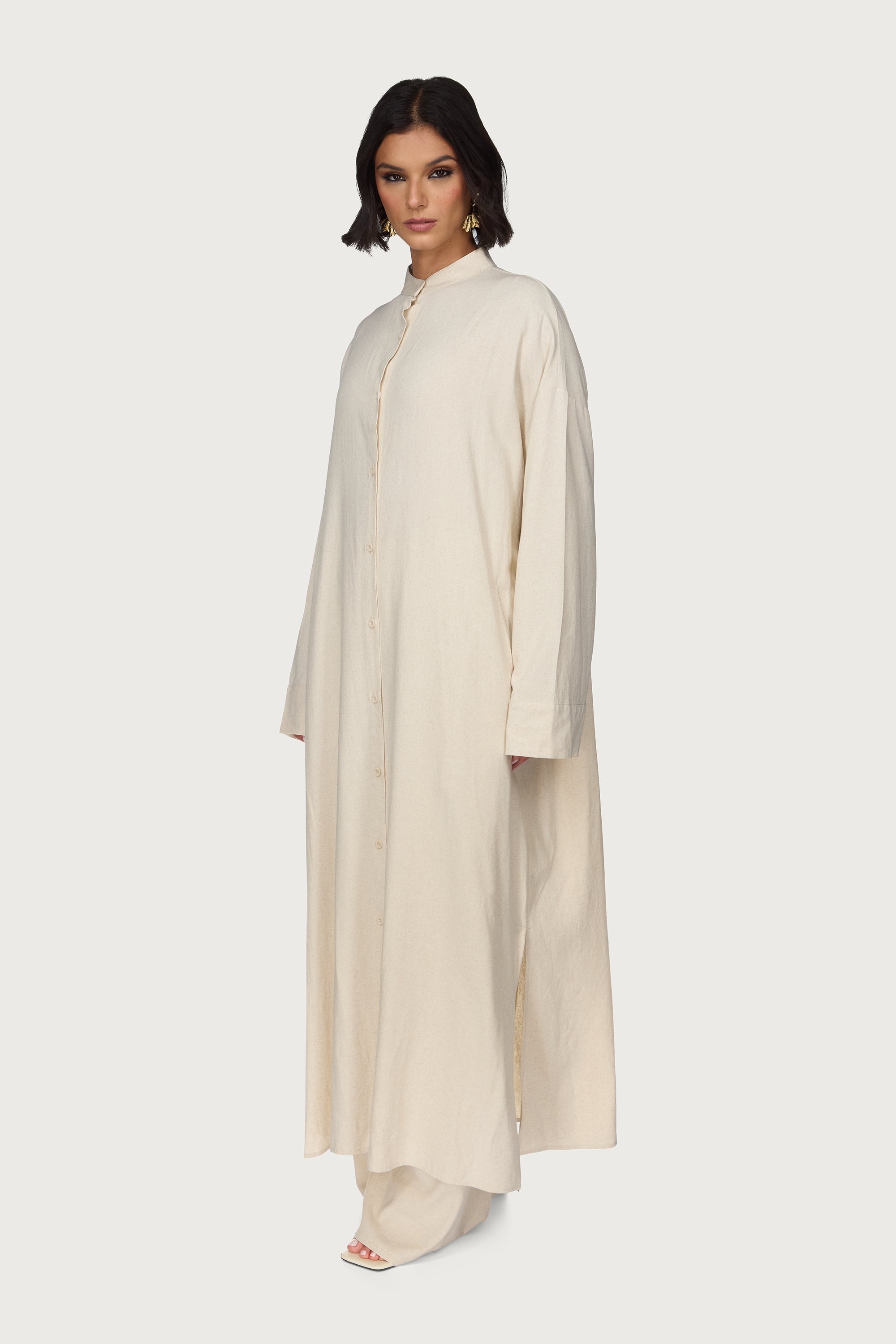 Linen Button Down Top & Pants Set - Off White Abayas Veiled 