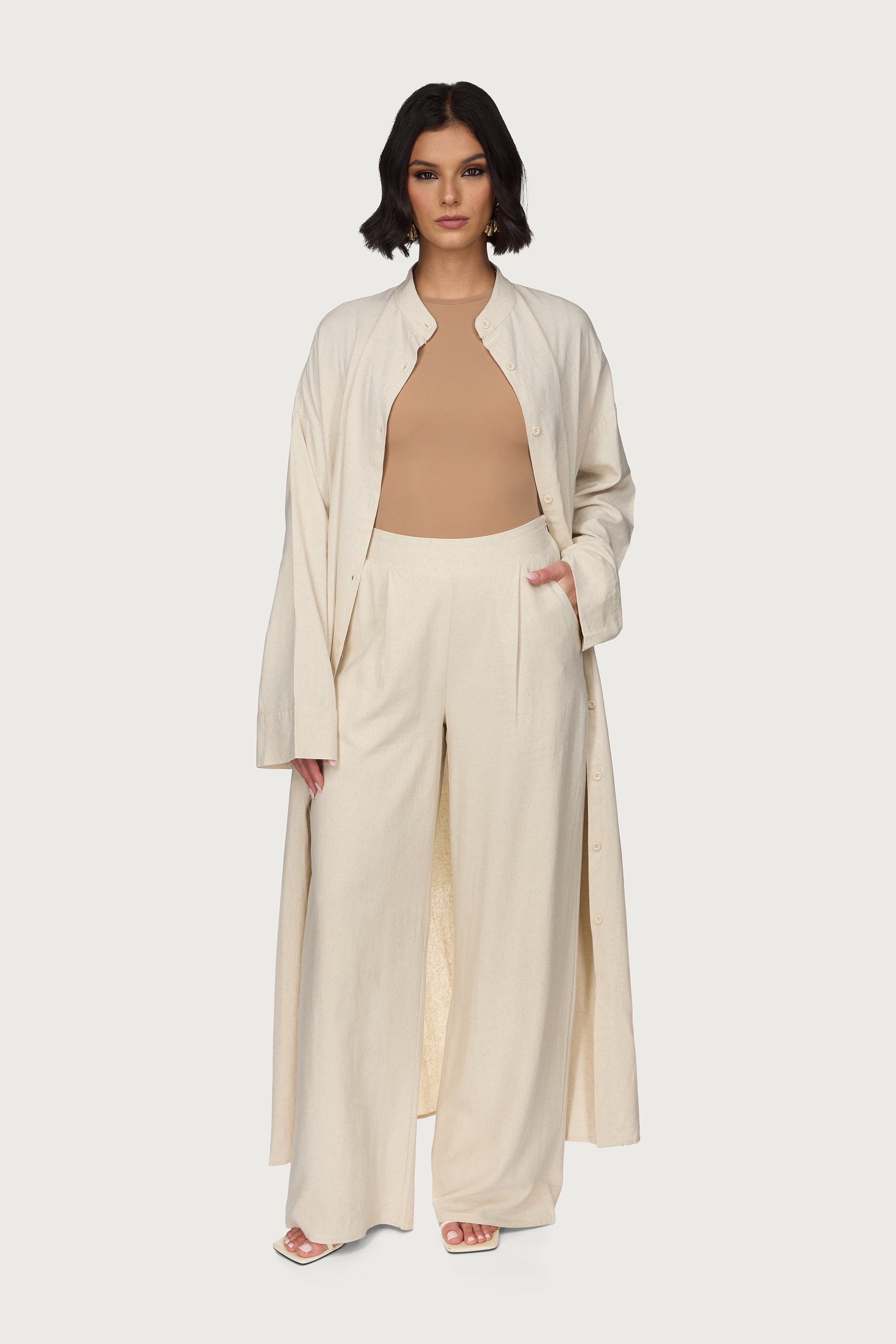 Linen Button Down Top & Pants Set - Off White Abayas Veiled 