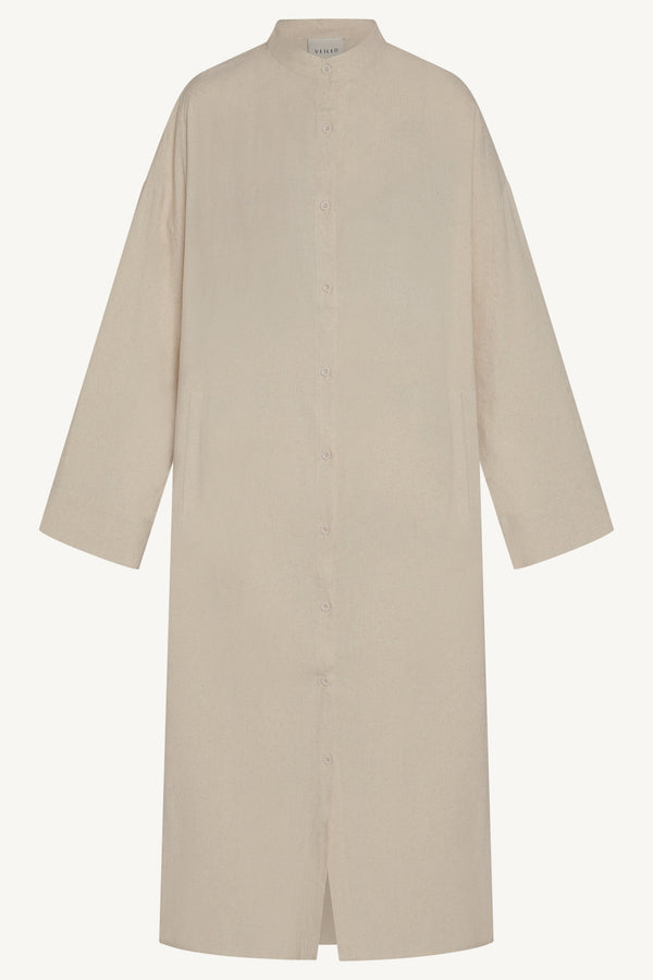 Linen Button Down Top & Pants Set - Off White Abayas Veiled 