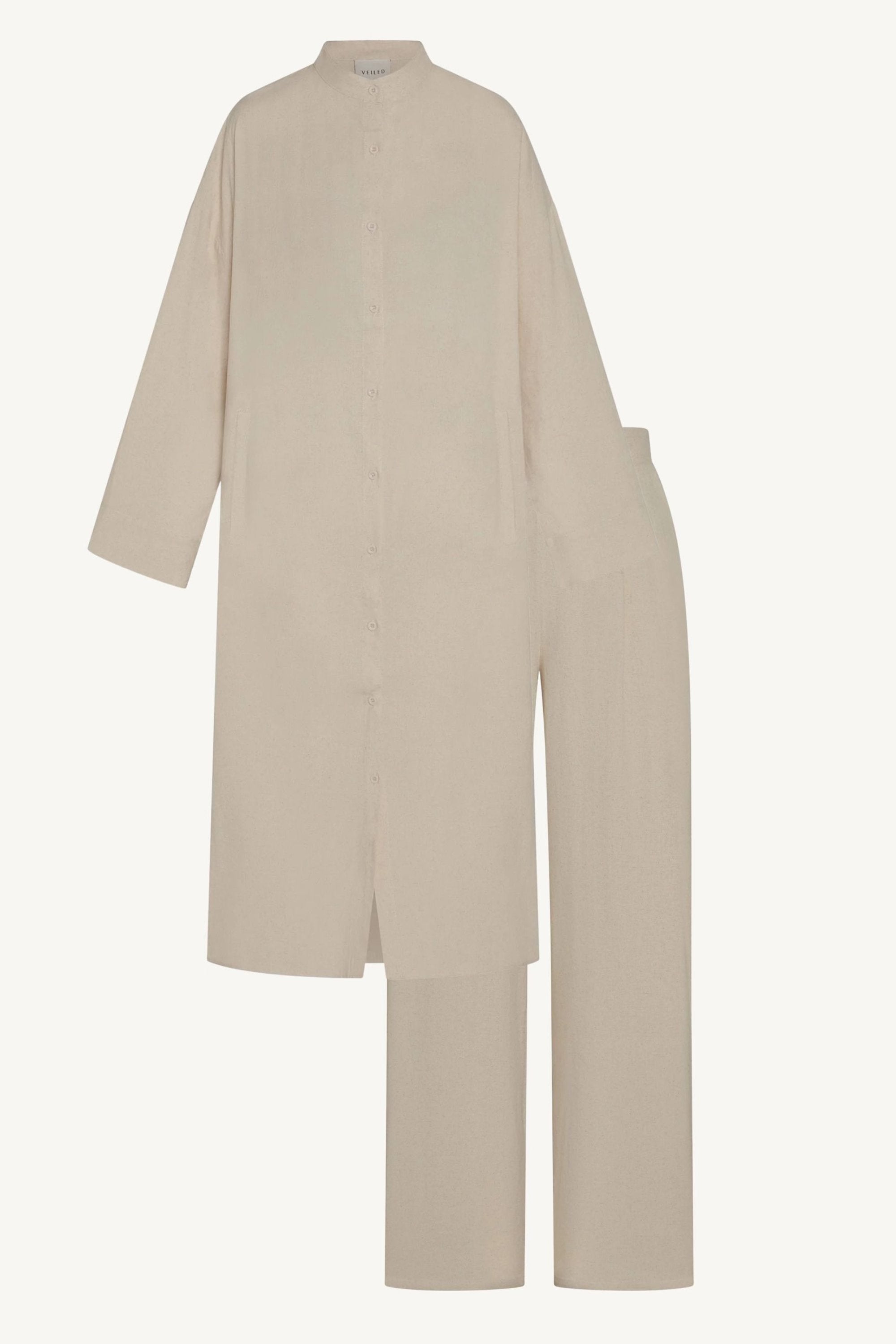 Linen Button Down Top & Pants Set - Off White Abayas Veiled 