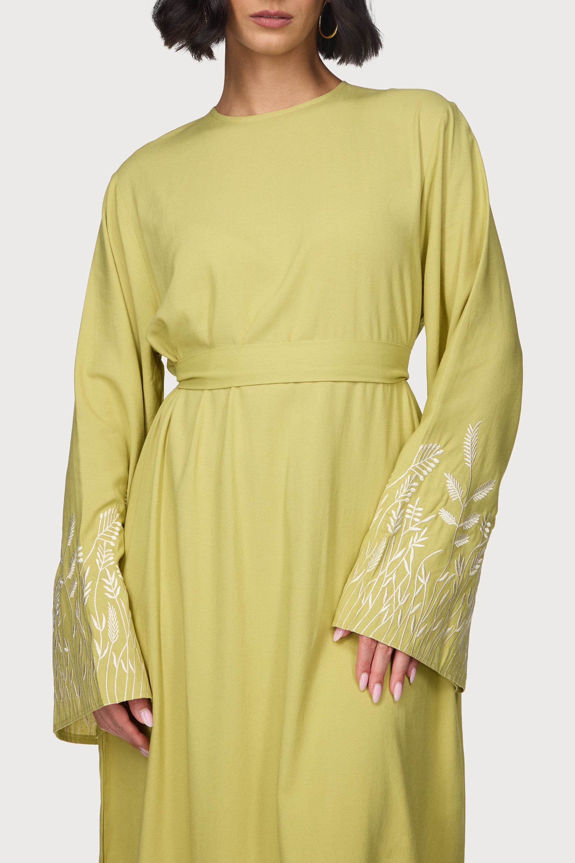 Linen Embroidered Maxi Dress - Citron Abayas Veiled 