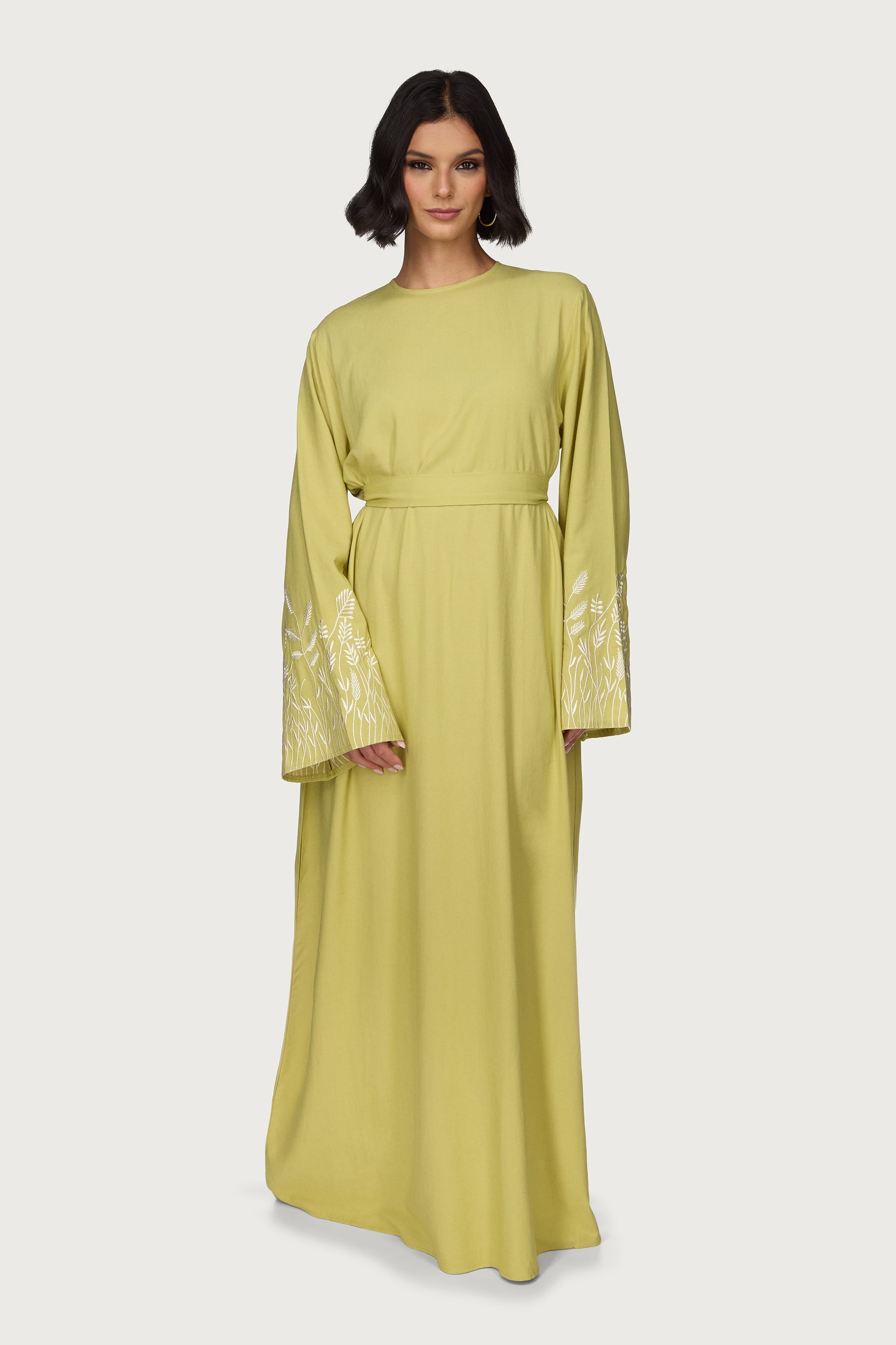 Linen Embroidered Maxi Dress - Citron Abayas Veiled 