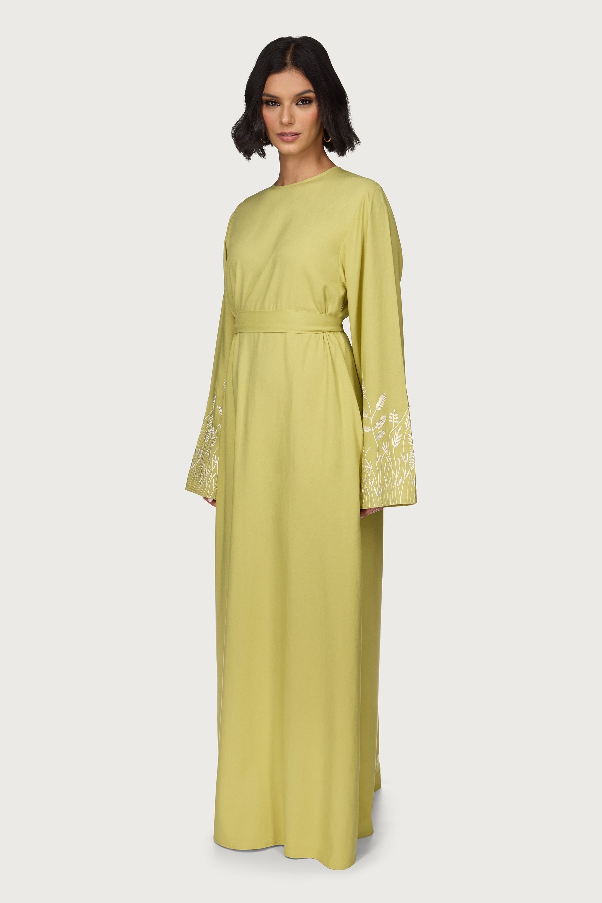 Linen Embroidered Maxi Dress - Citron Abayas Veiled 