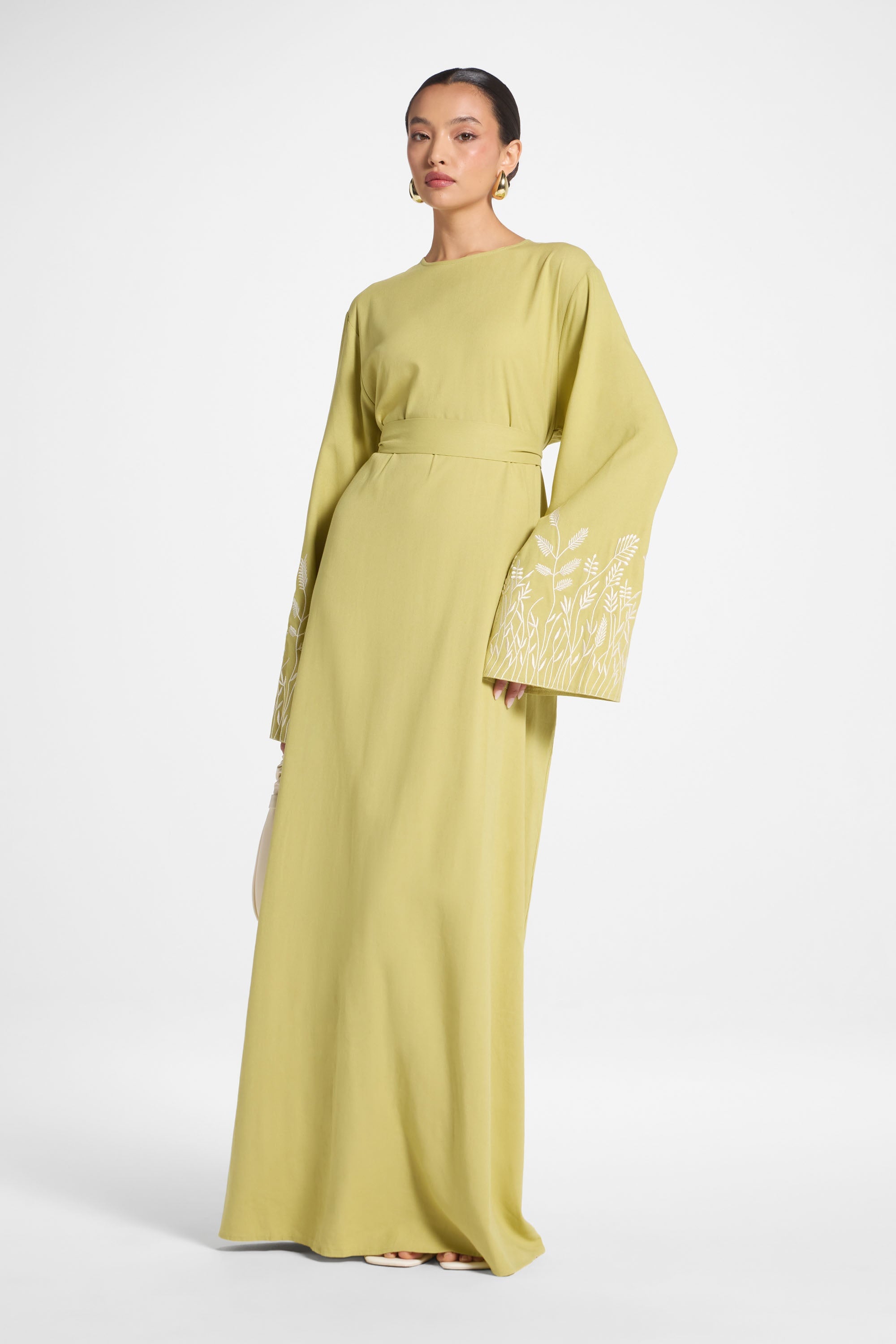 Linen Embroidered Maxi Dress - Citron Abayas Veiled 