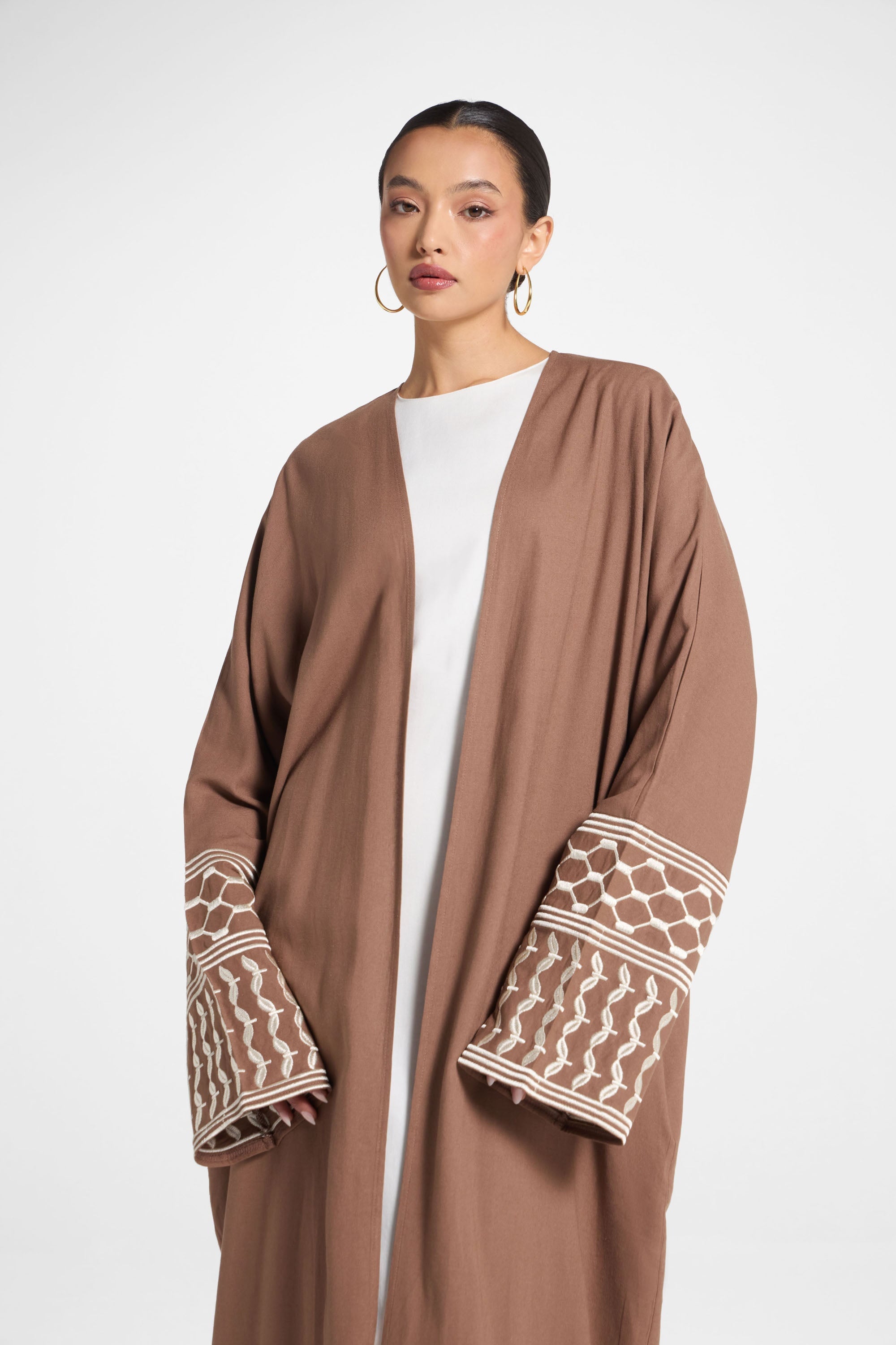 Linen Embroidered Open Abaya - Brown Abayas Veiled 