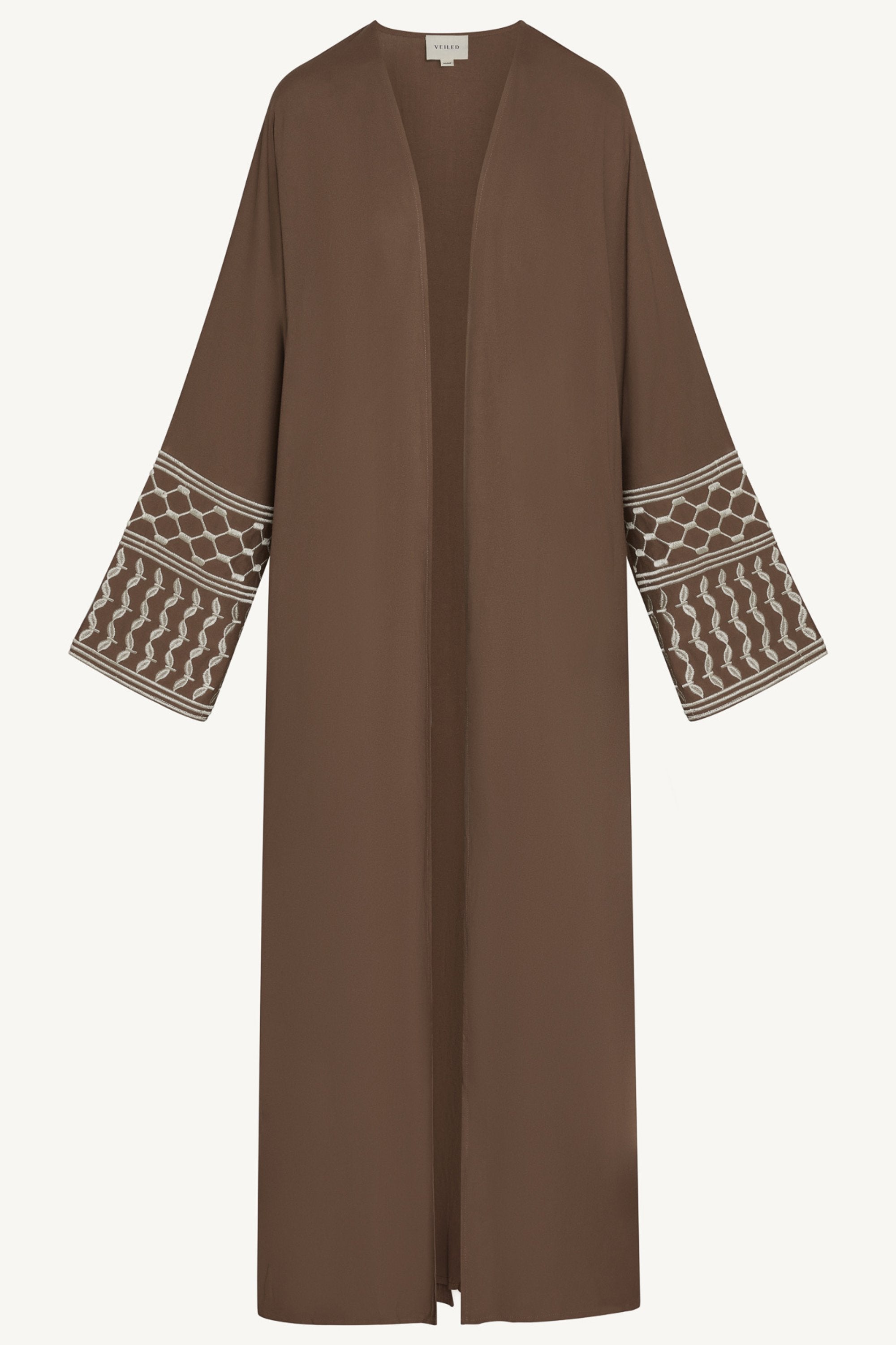 Linen Embroidered Open Abaya - Brown Abayas Veiled 