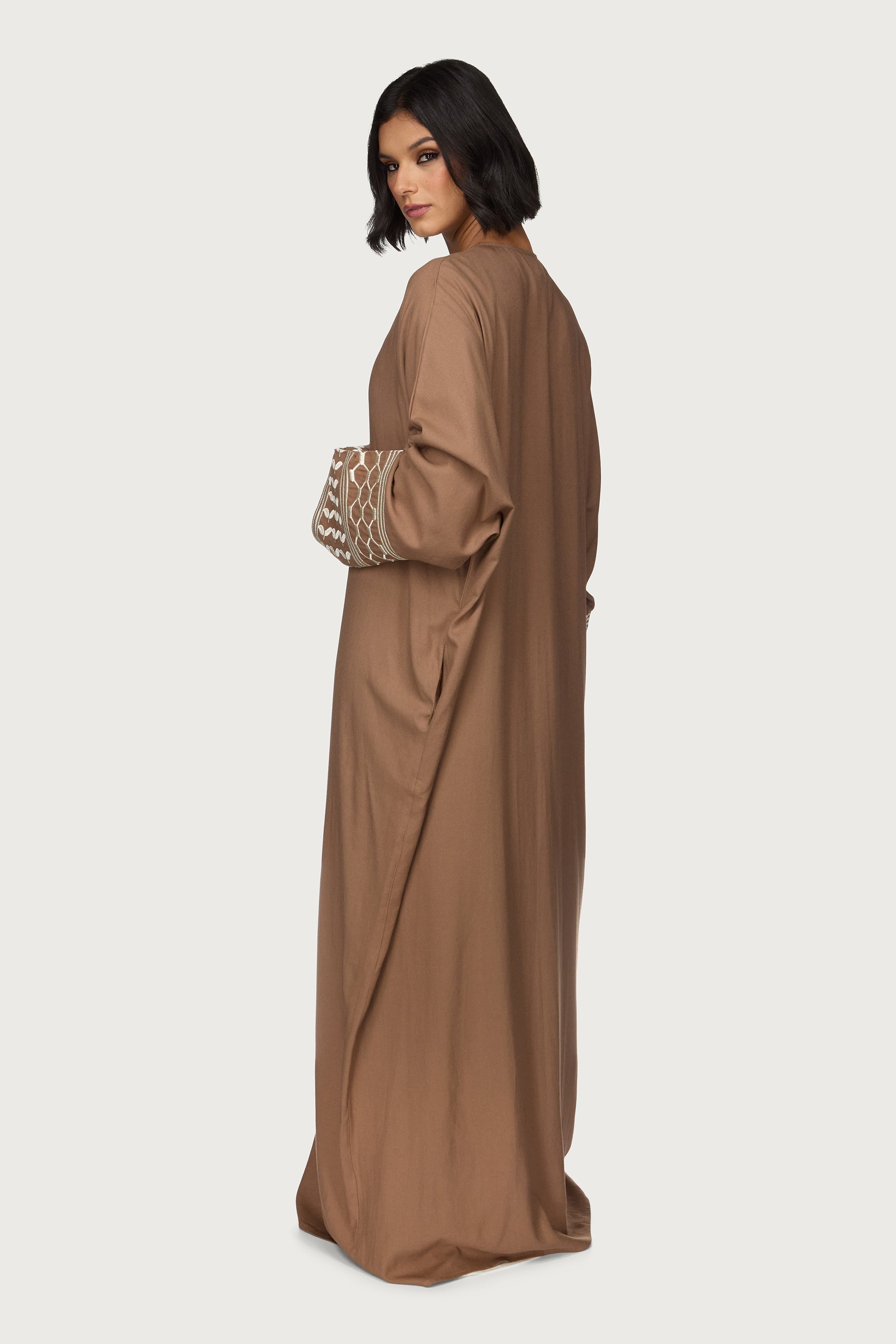 Linen Embroidered Open Abaya - Brown Abayas Veiled 