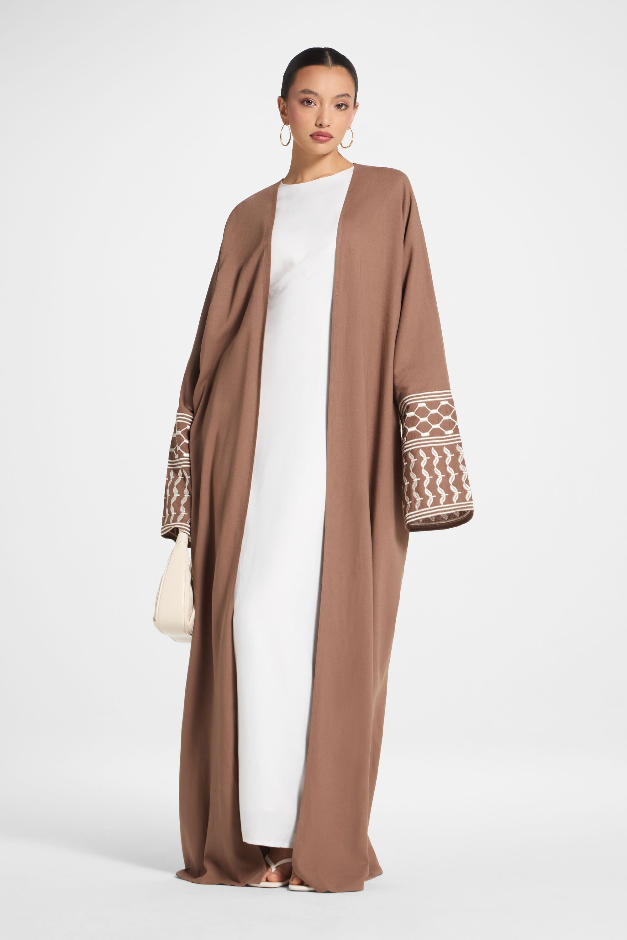 Linen Embroidered Open Abaya - Brown Abayas Veiled 