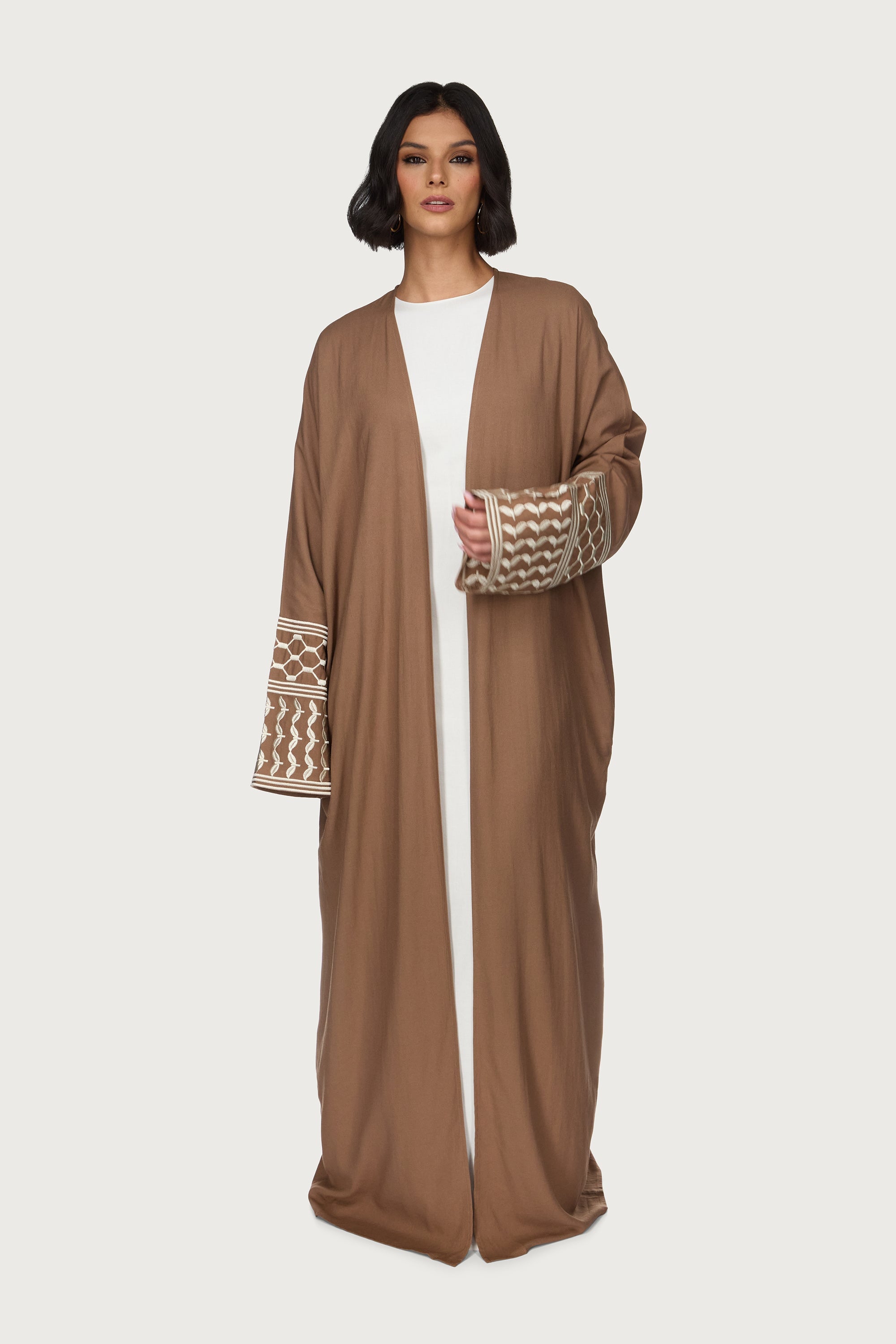 Linen Embroidered Open Abaya - Brown Abayas Veiled 