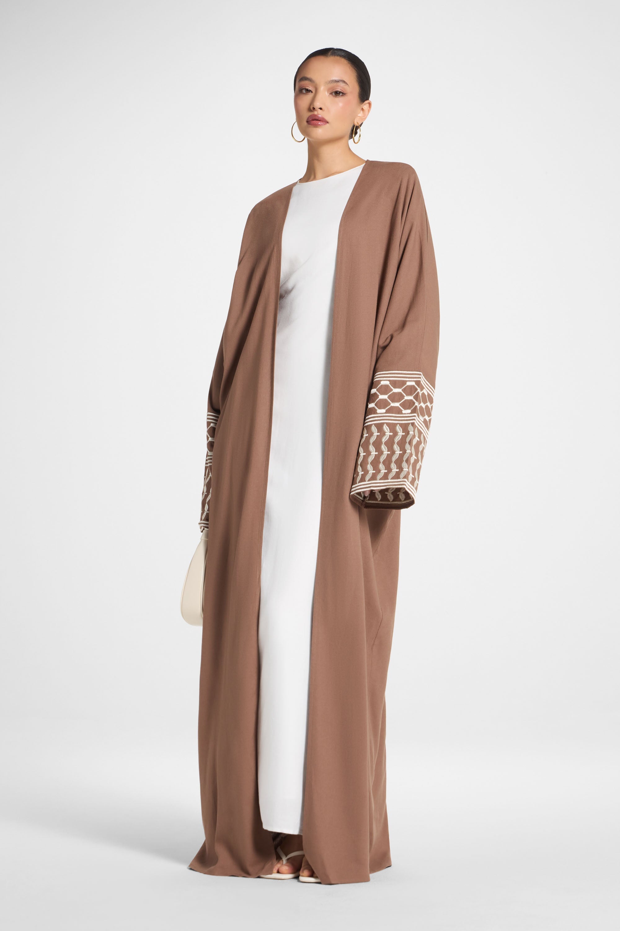 Linen Embroidered Open Abaya - Brown Abayas Veiled 
