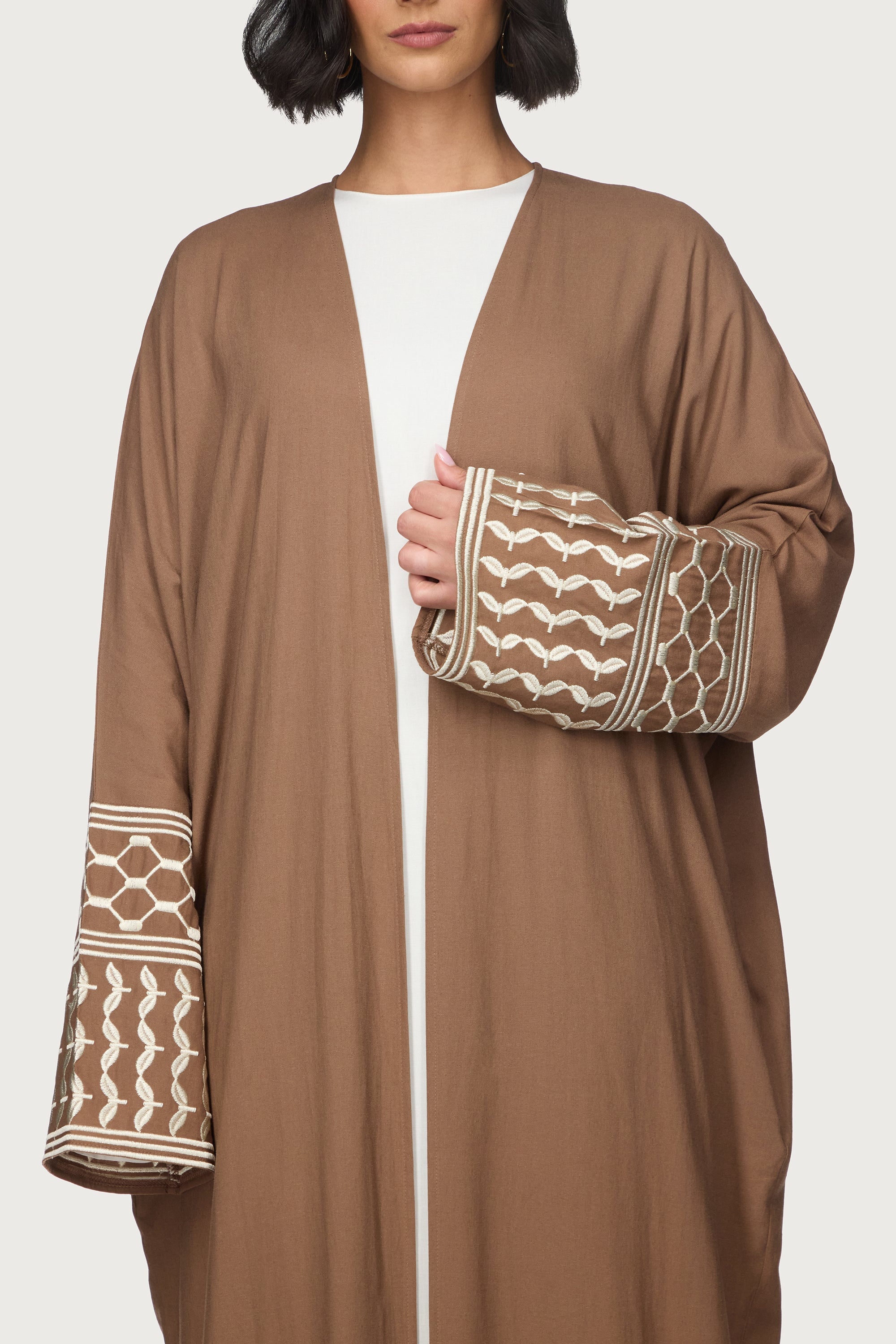 Linen Embroidered Open Abaya - Brown Abayas Veiled 