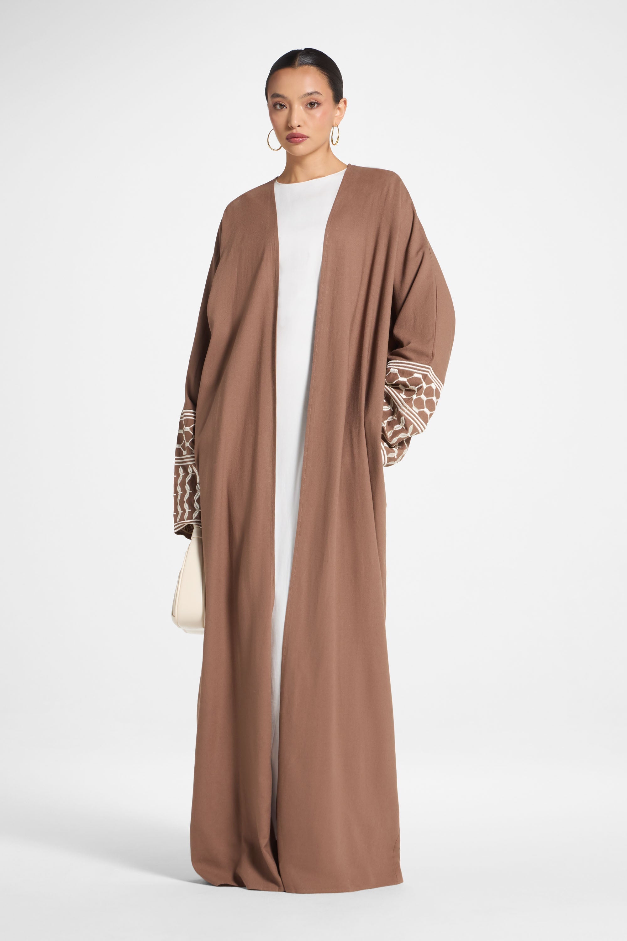 Linen Embroidered Open Abaya - Brown Abayas Veiled 