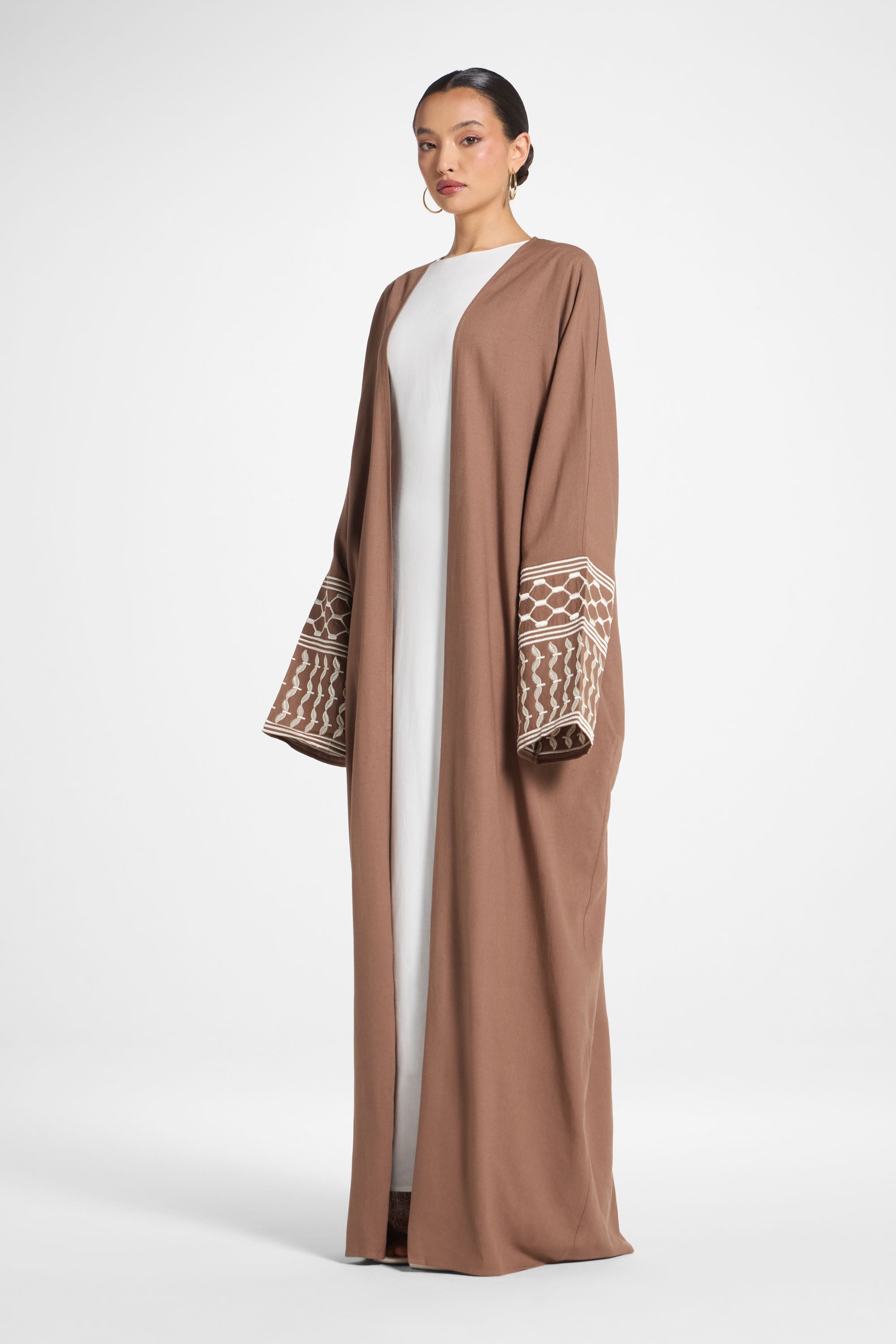 Linen Embroidered Open Abaya - Brown Abayas Veiled 
