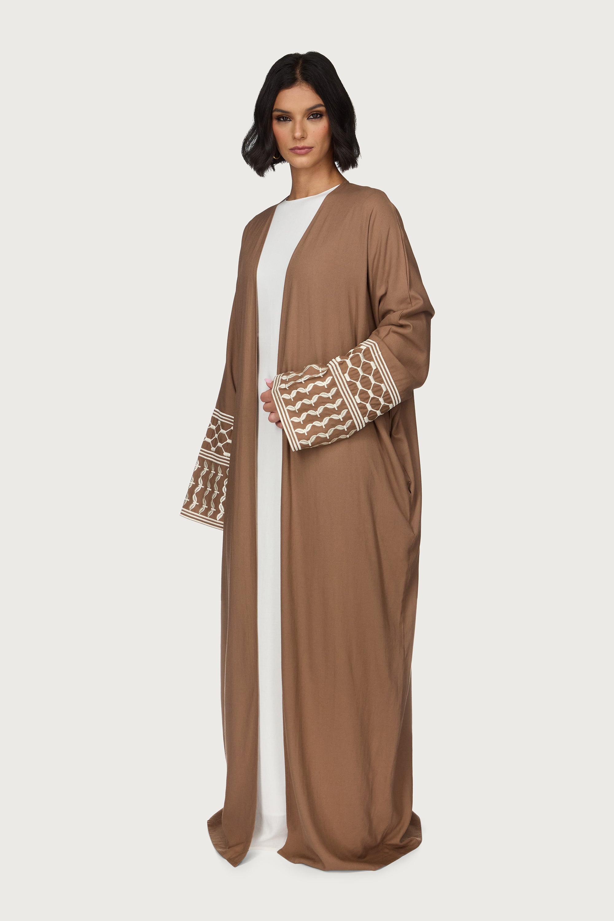 Linen Embroidered Open Abaya - Brown Abayas Veiled 