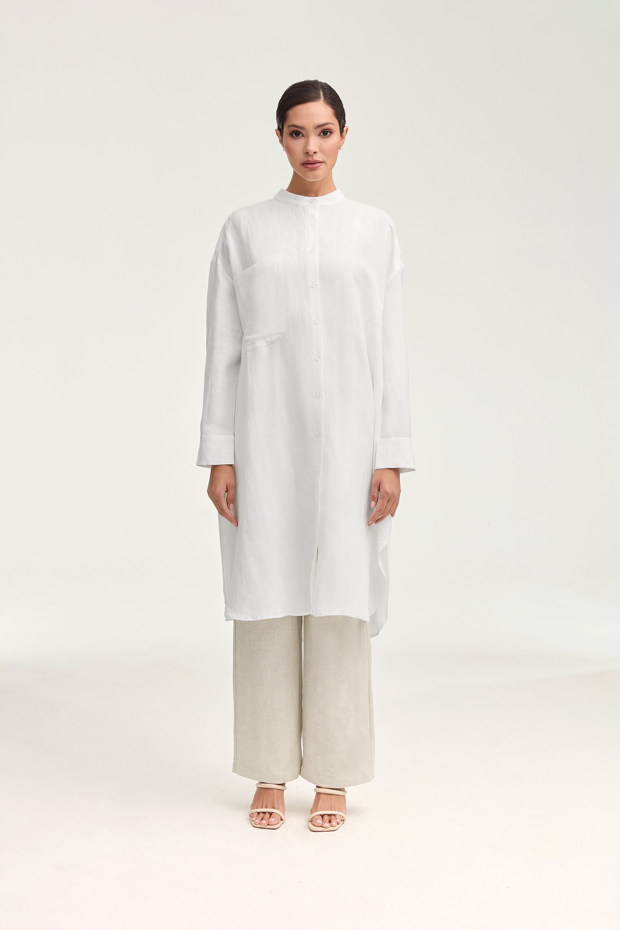 Linen Longline Button Down Cover Up Top - White Clothing epschoolboard 