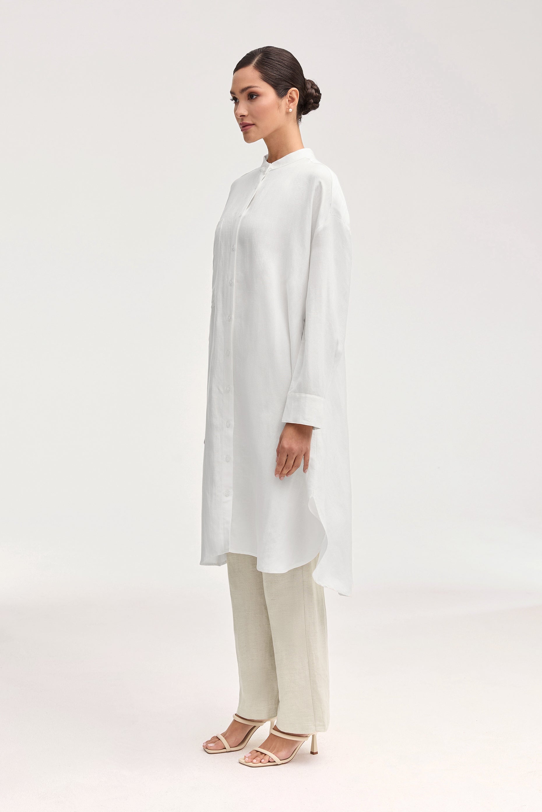 Linen Longline Button Down Cover Up Top - White Clothing Veiled 