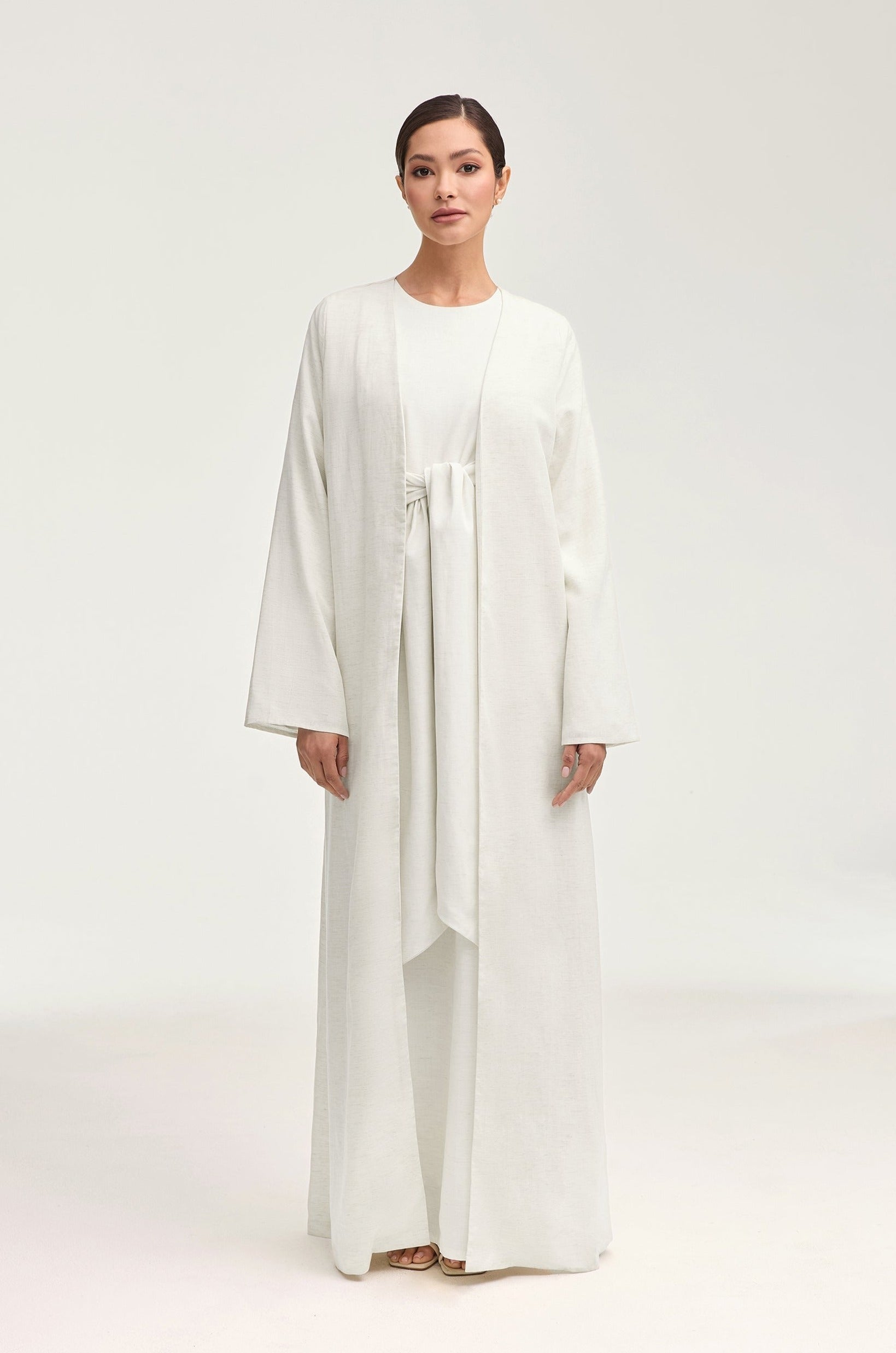 Linen Open Abaya & Dress Set - Off White Clothing epschoolboard 
