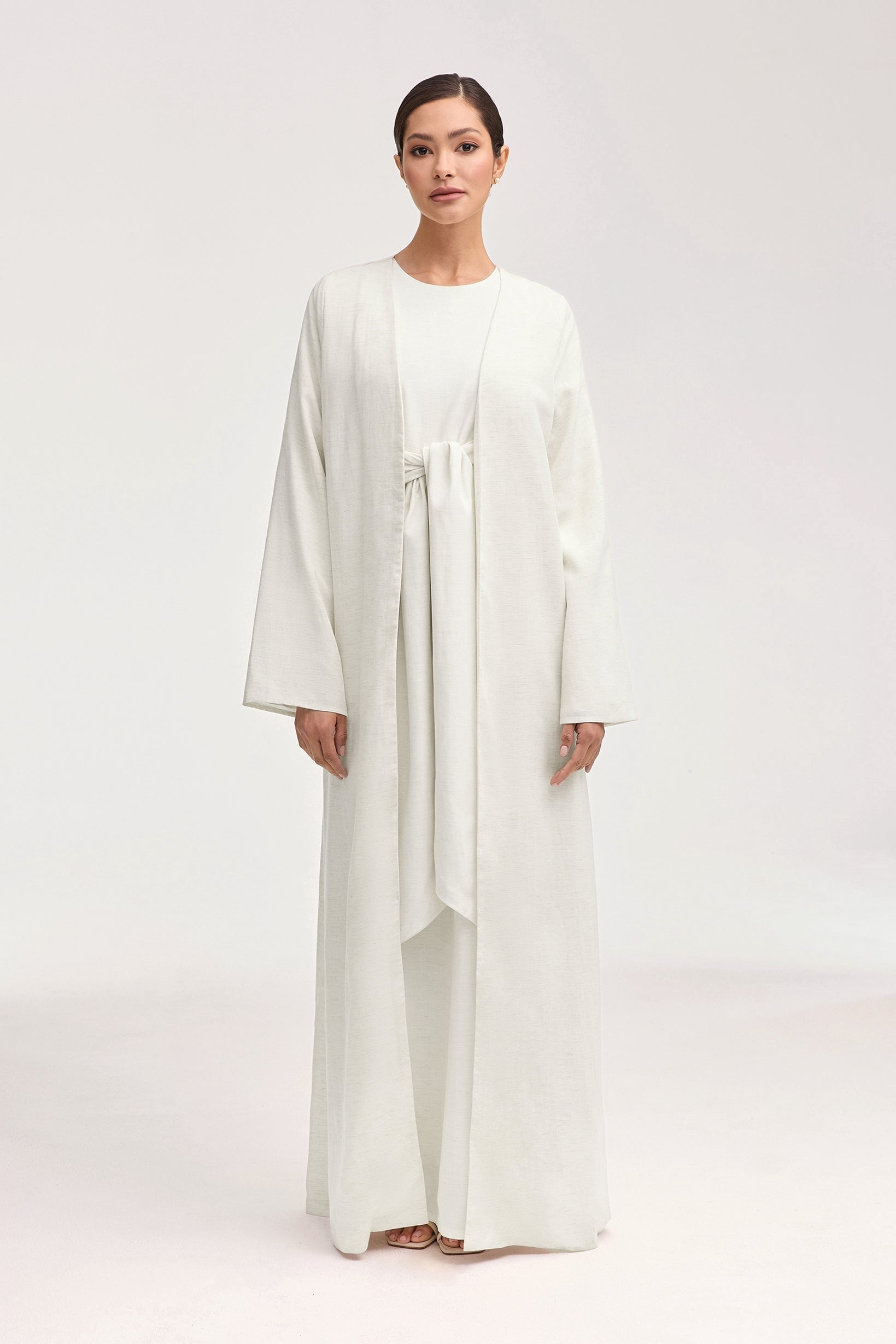 Linen Open Abaya & Dress Set - Off White Clothing Veiled 