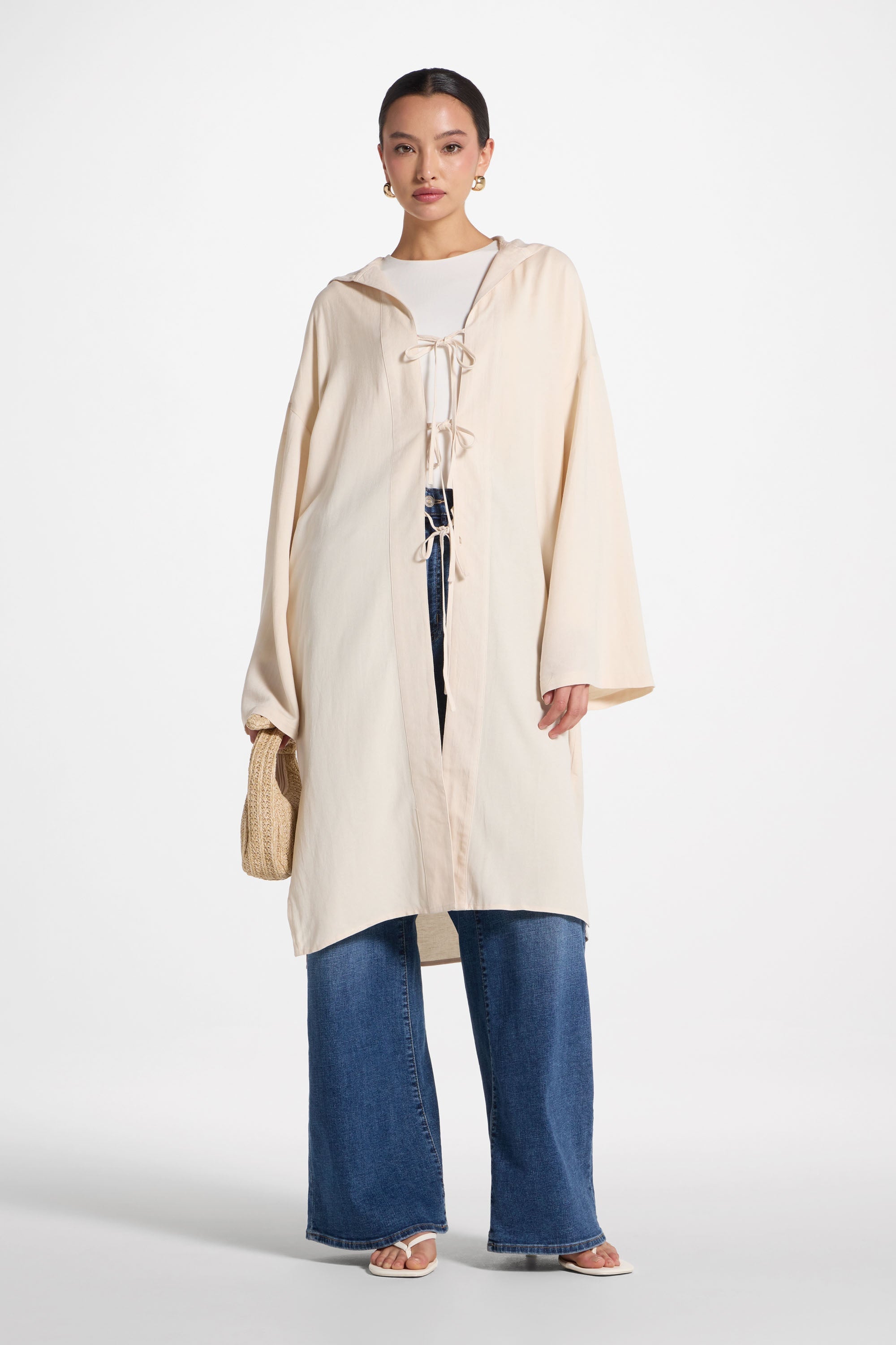 Linen Tie Front Top - Off White Abayas Veiled 