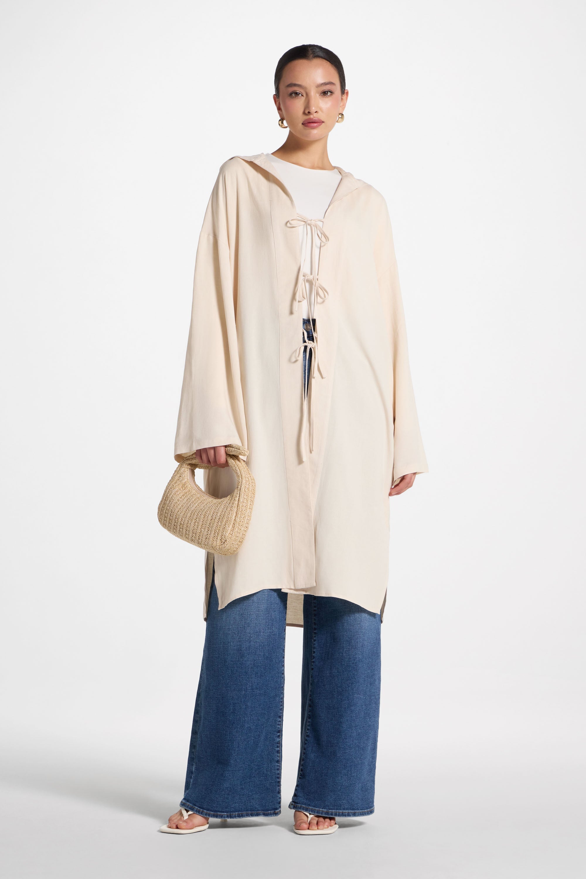 Linen Tie Front Top - Off White Abayas Veiled 