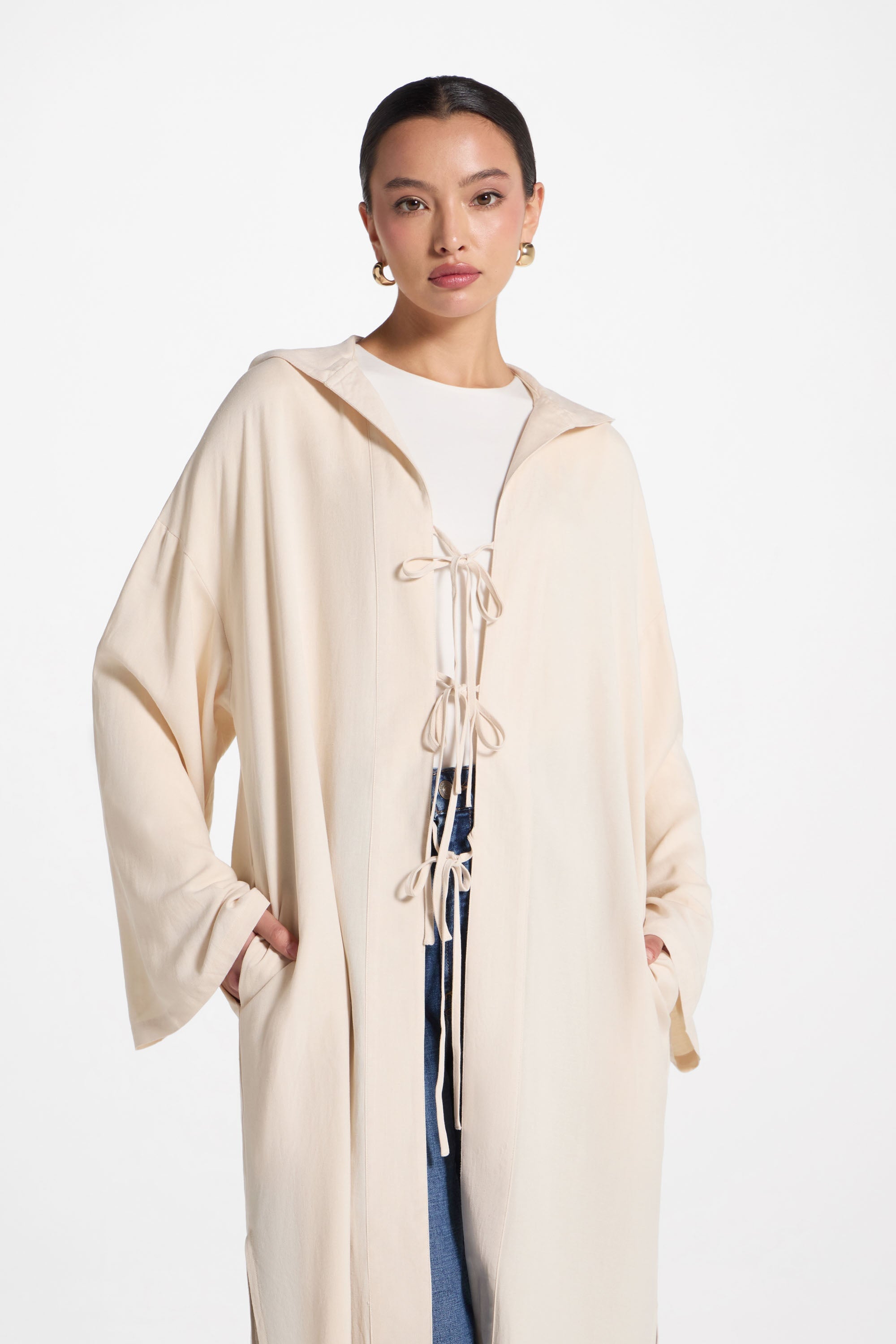 Linen Tie Front Top - Off White Abayas Veiled 