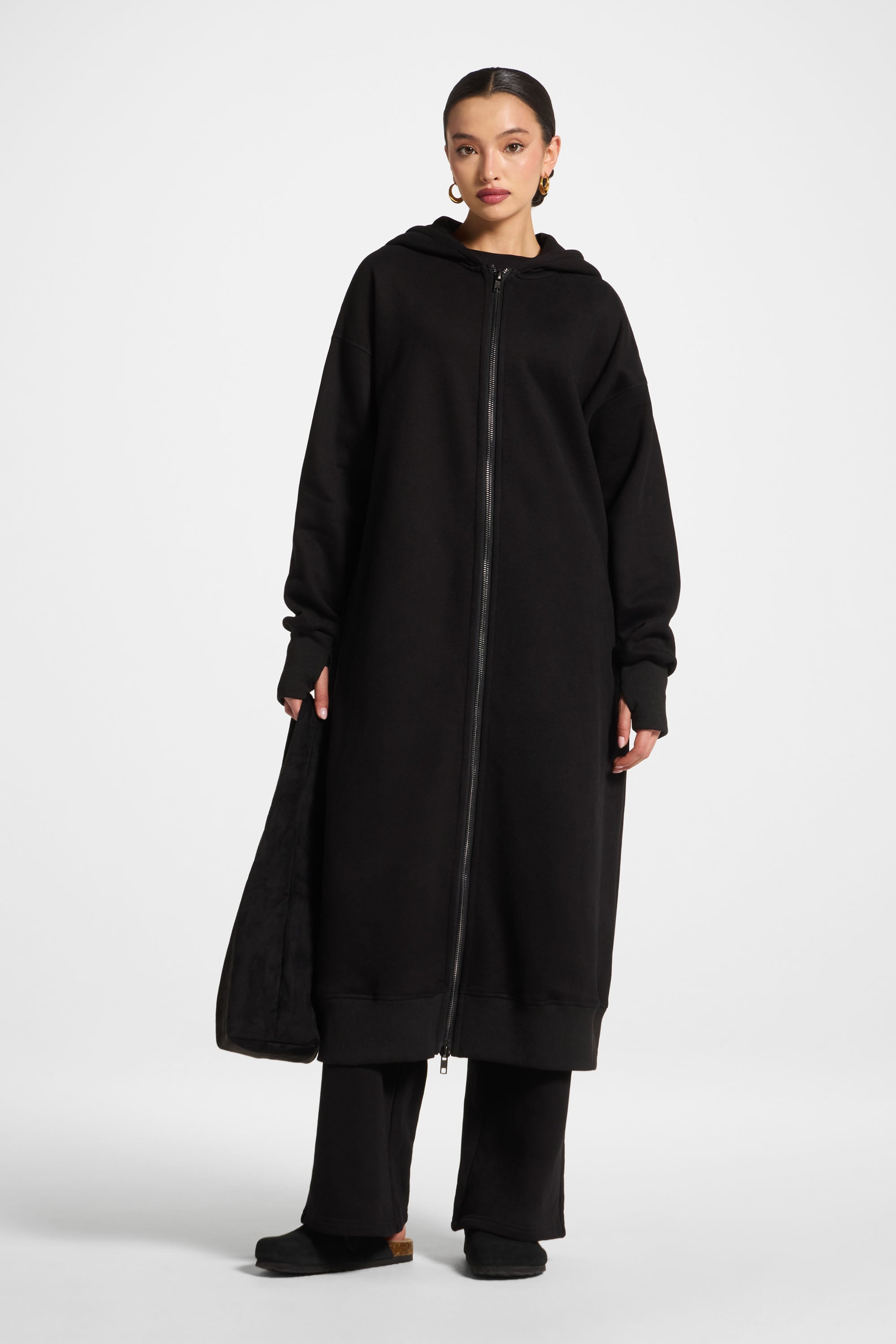 Longline Hooded Zip Sweatshirt - Black Abayas Veiled 