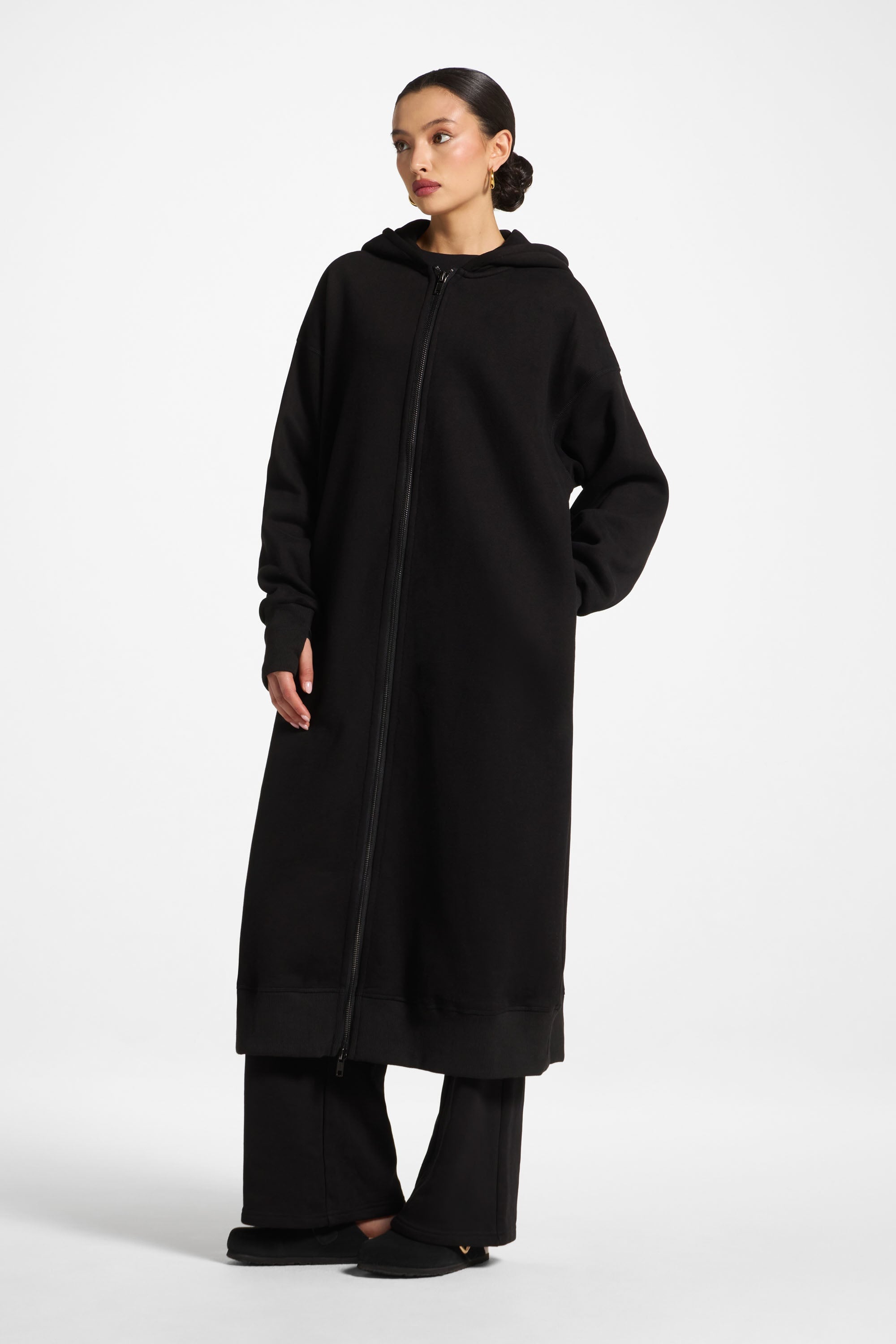Longline Hooded Zip Sweatshirt - Black Abayas Veiled 