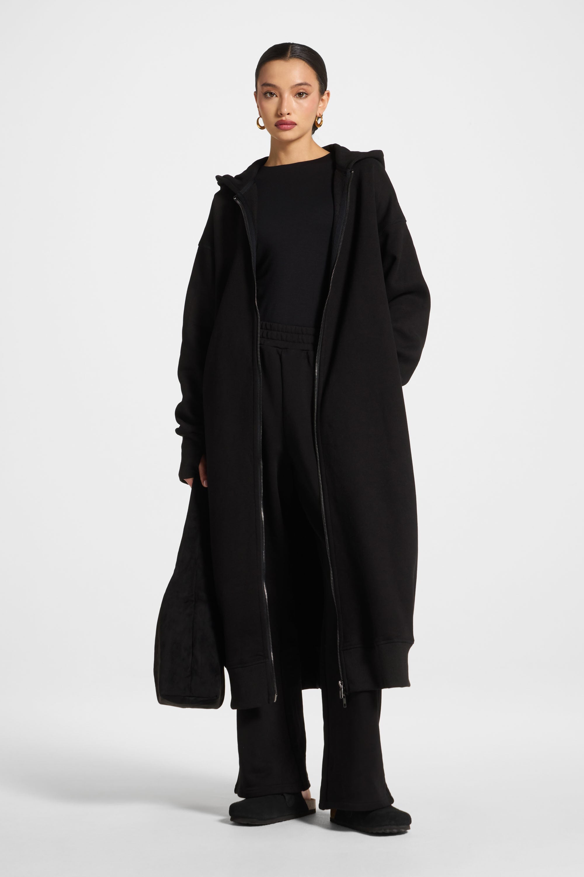 Longline Hooded Zip Sweatshirt - Black Abayas Veiled 