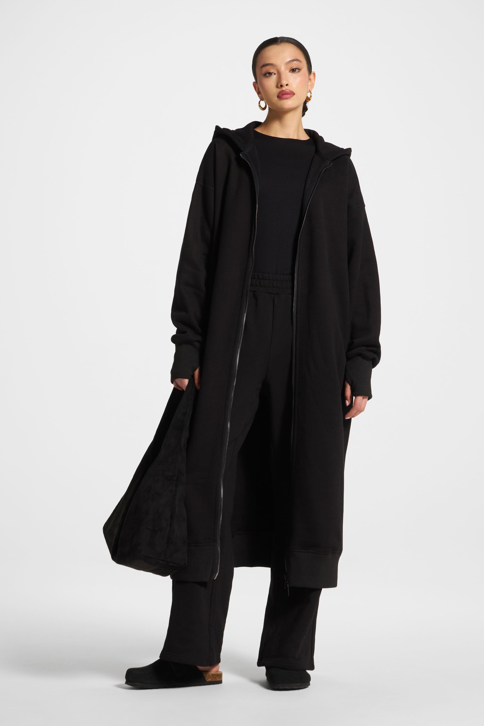 Longline Hooded Zip Sweatshirt - Black Abayas Veiled 