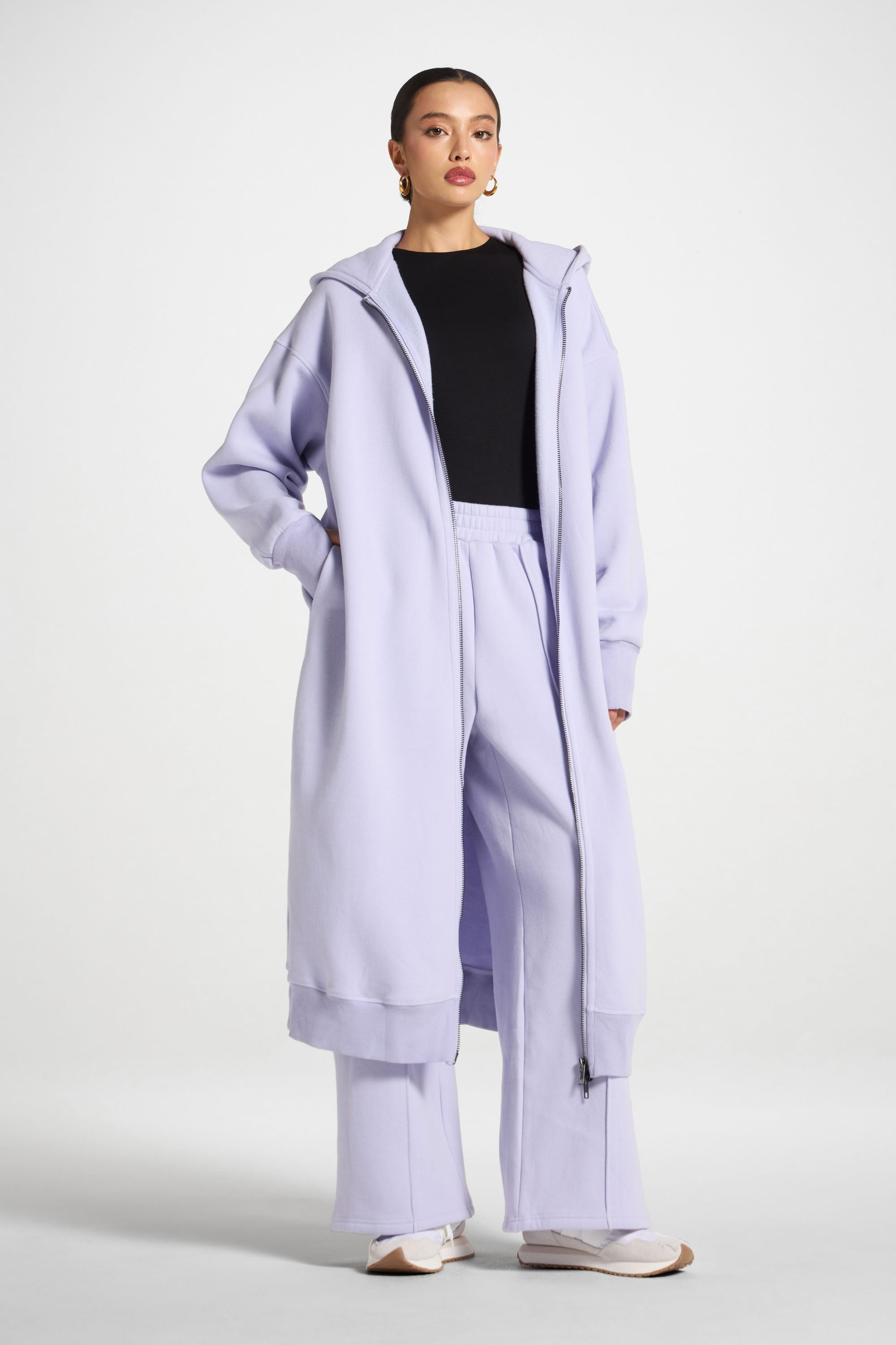 Longline Hooded Zip Sweatshirt - Lavender Abayas Veiled 