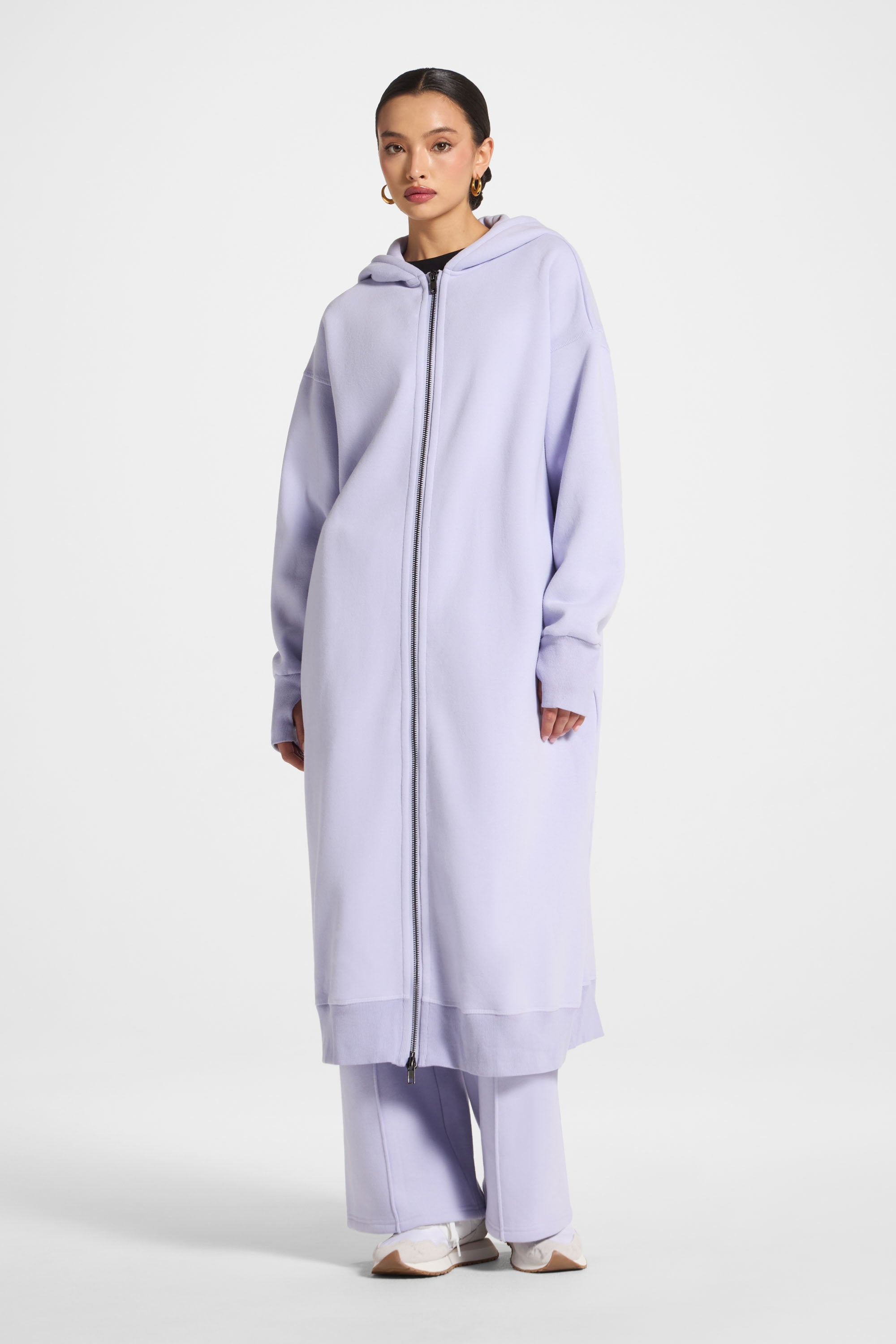 Longline Hooded Zip Sweatshirt - Lavender Abayas Veiled 