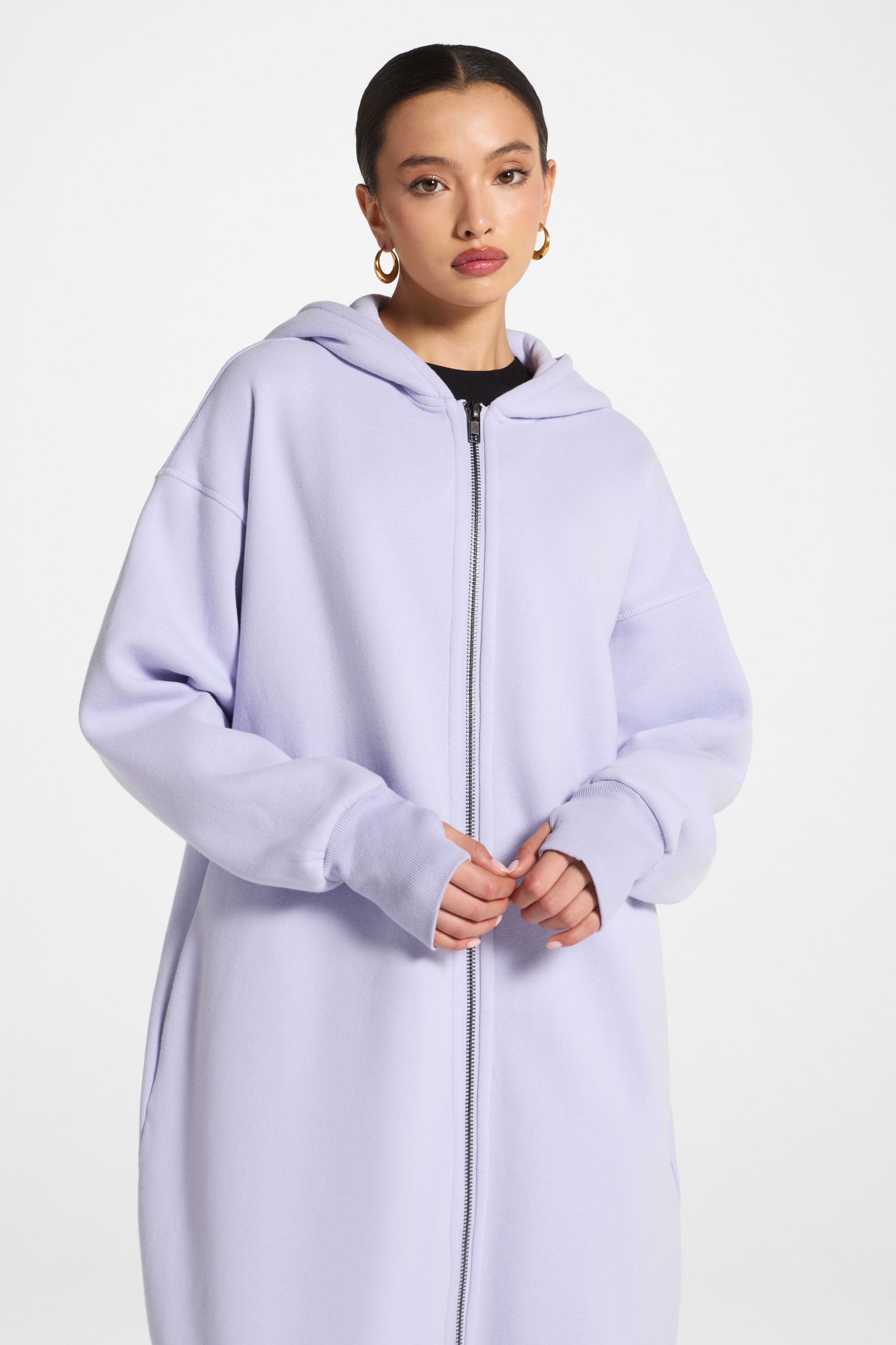 Longline Hooded Zip Sweatshirt - Lavender Abayas Veiled 