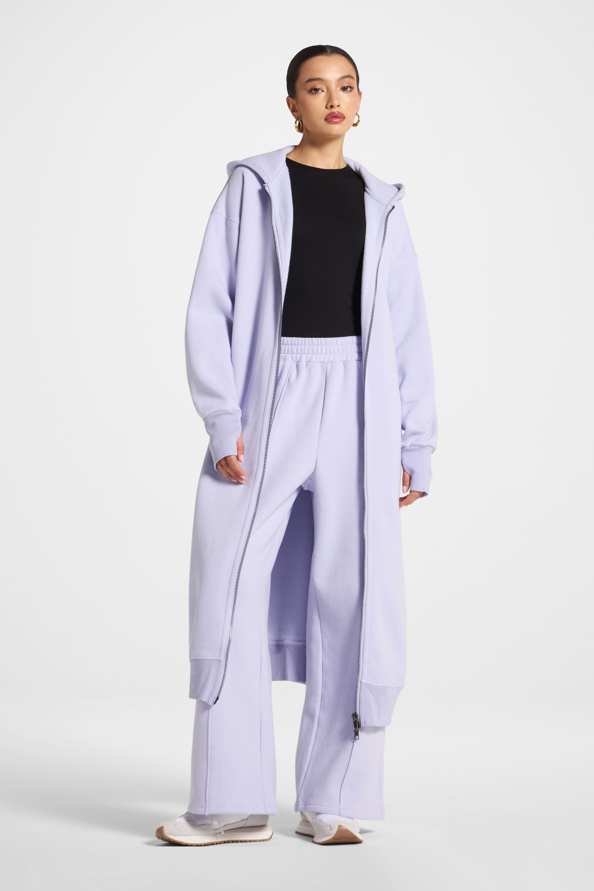 Longline Hooded Zip Sweatshirt - Lavender Abayas Veiled 