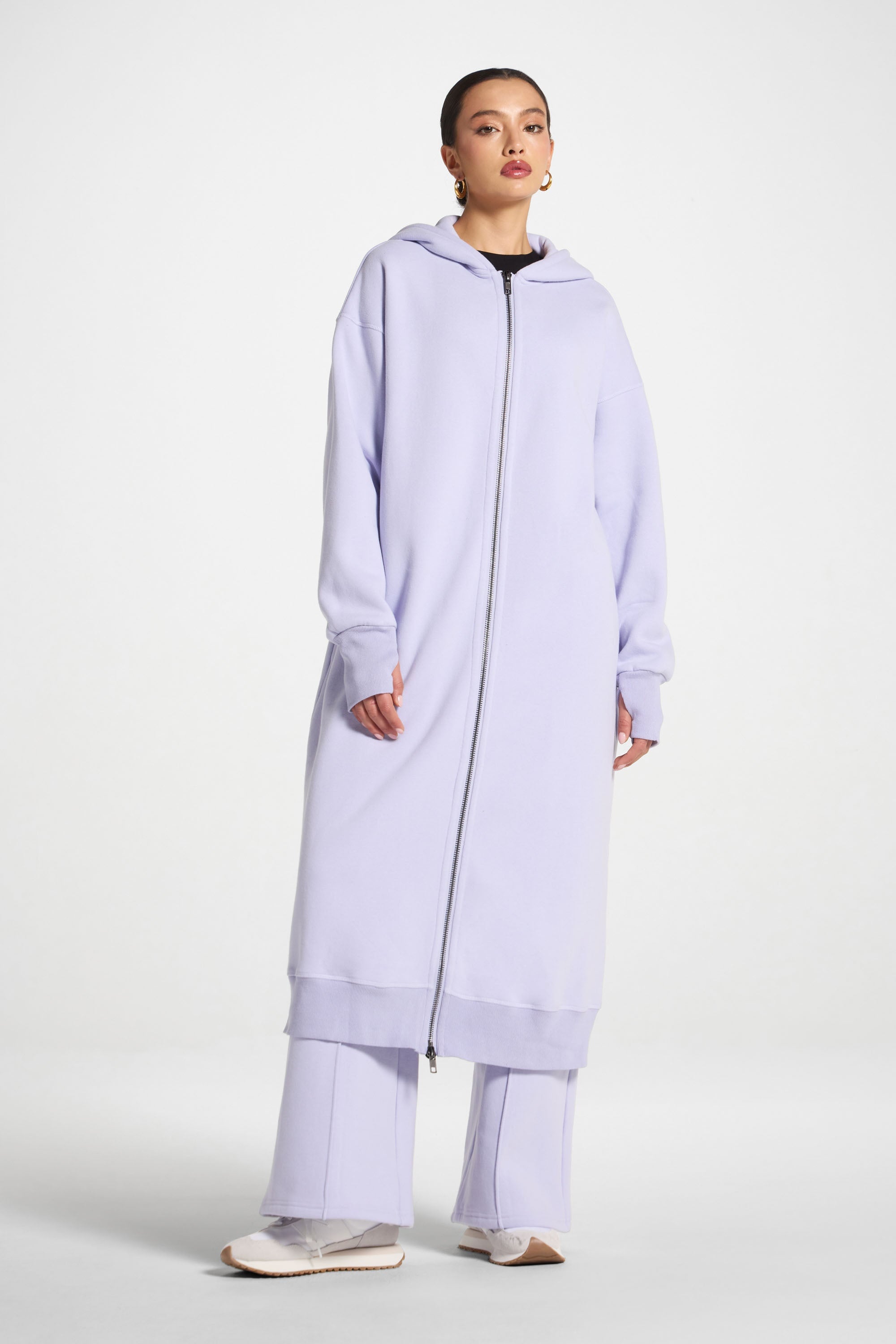 Longline Hooded Zip Sweatshirt - Lavender Abayas Veiled 