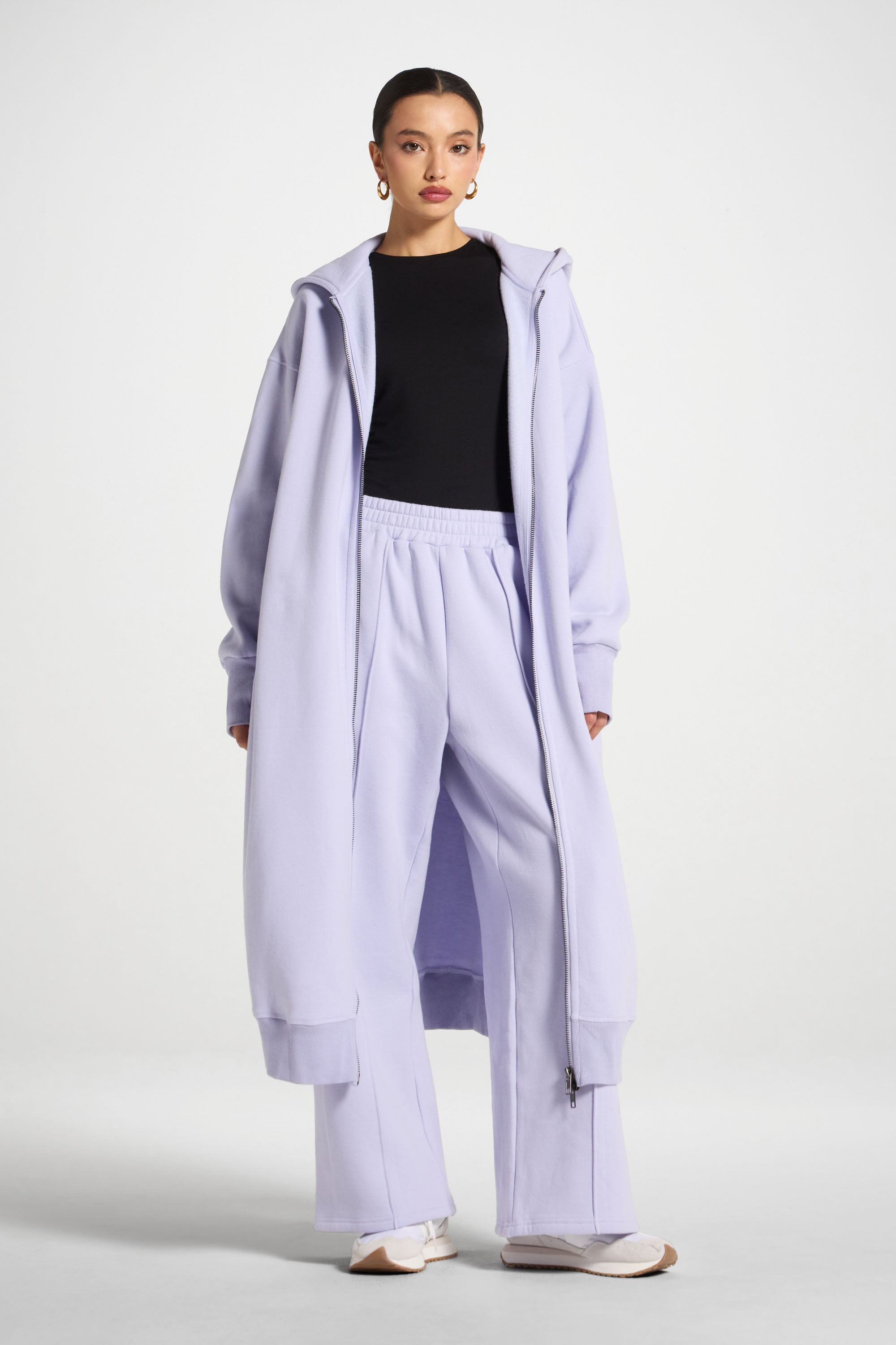 Longline Hooded Zip Sweatshirt - Lavender Abayas Veiled 