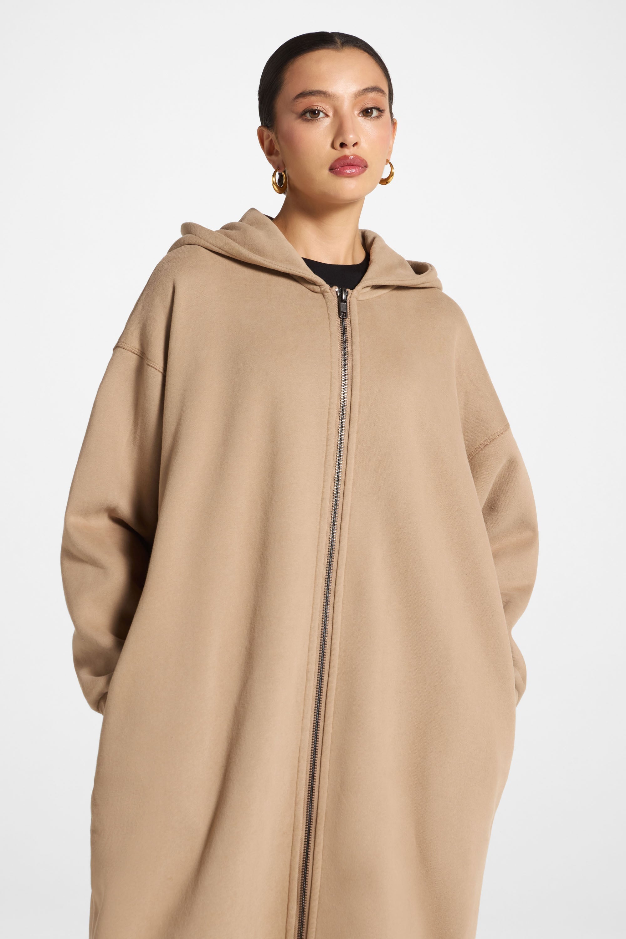 Longline Hooded Zip Sweatshirt - Mocha Abayas Veiled 