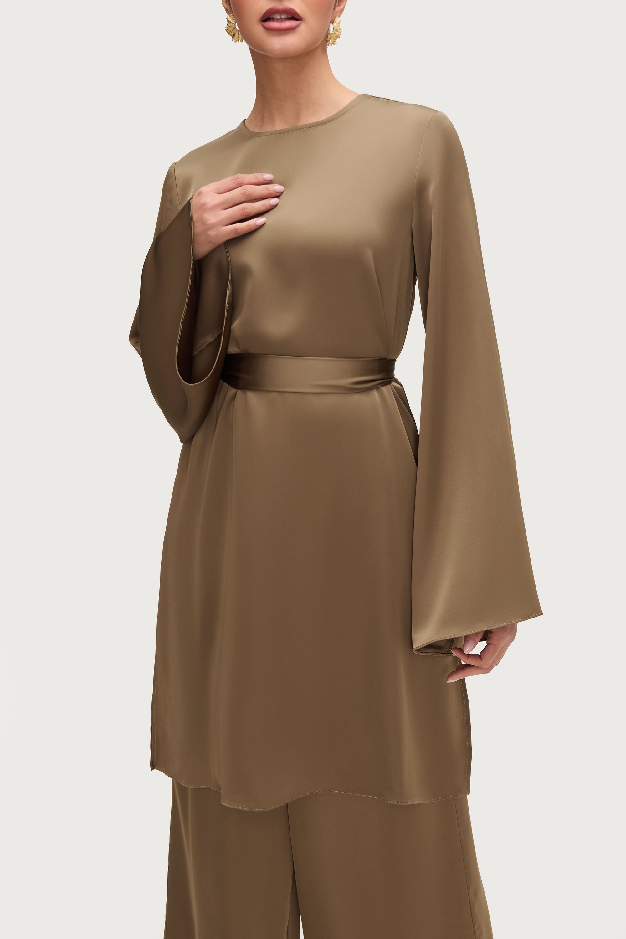 Longline Side Slit Satin Tunic - Desert Palm Dresses Veiled 