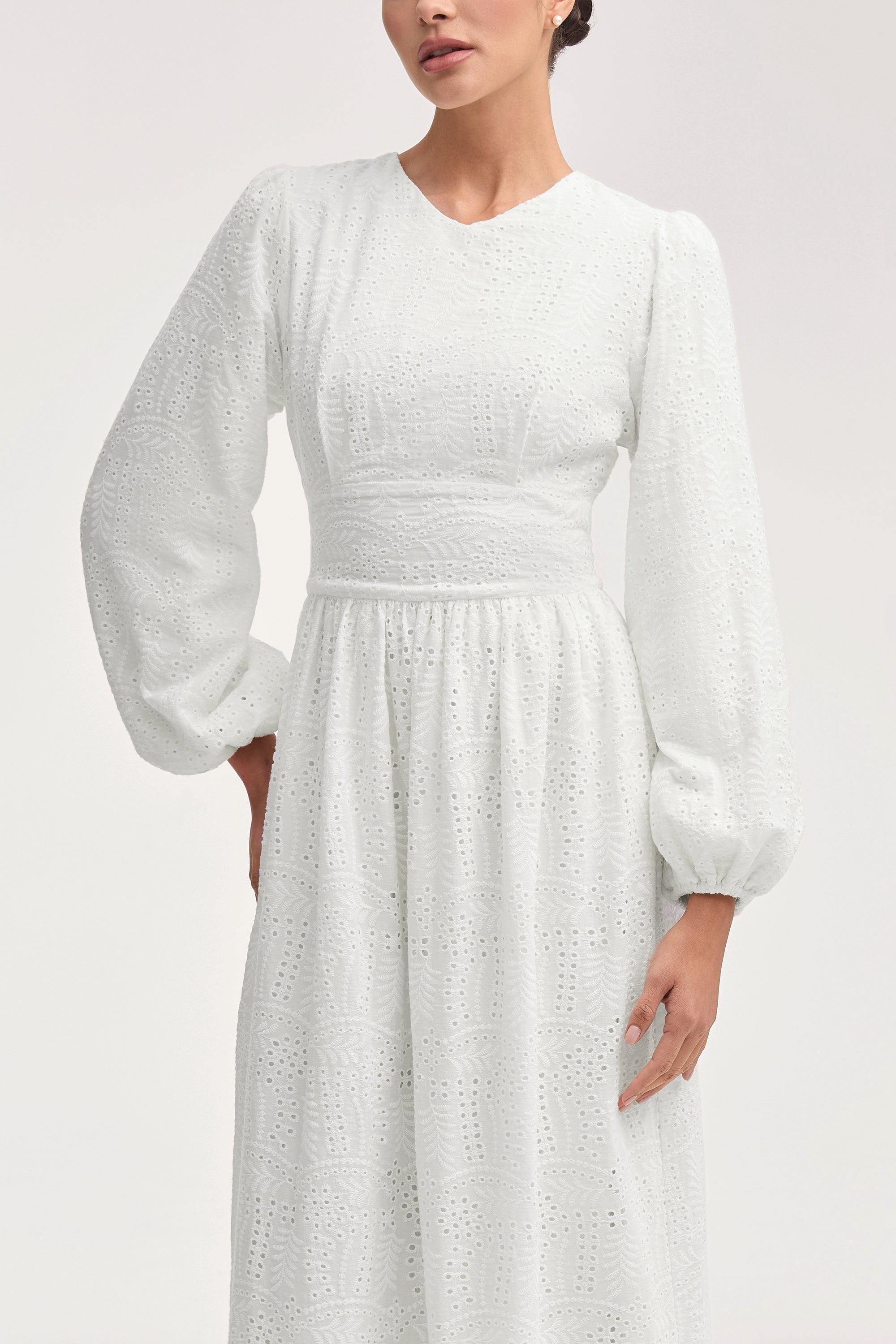 White shops Long Sleeve Eyelet Maxi Dress, Ankle Length Dress