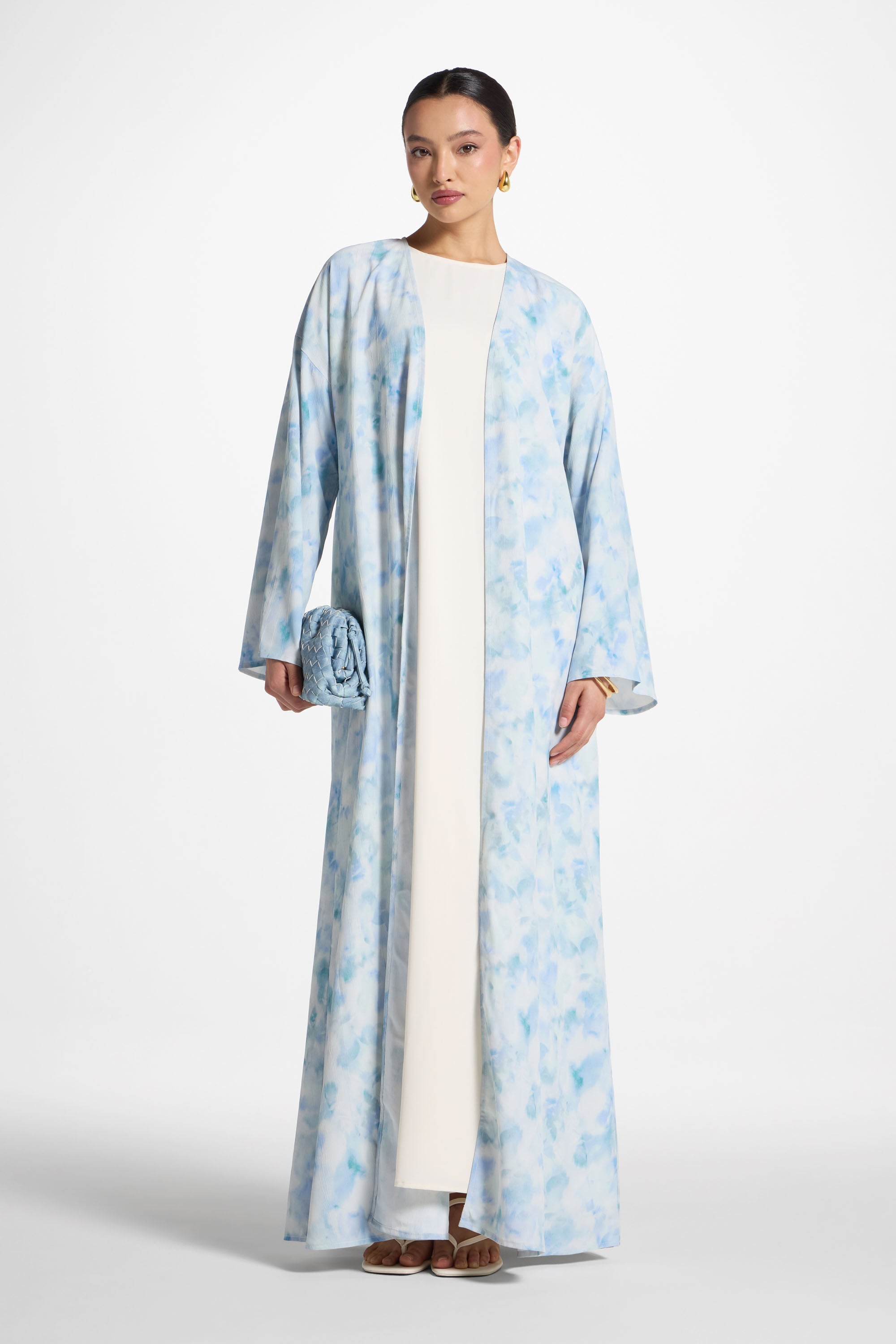 Lujain Printed Open Abaya - Blue Watercolor Dresses Veiled 
