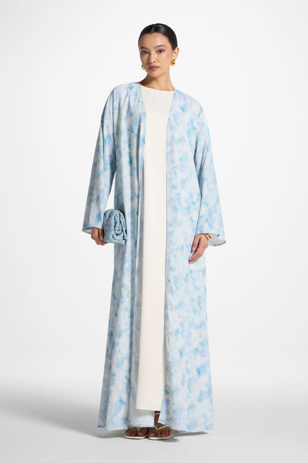 Lujain Printed Open Abaya - Blue Watercolor Dresses Veiled 