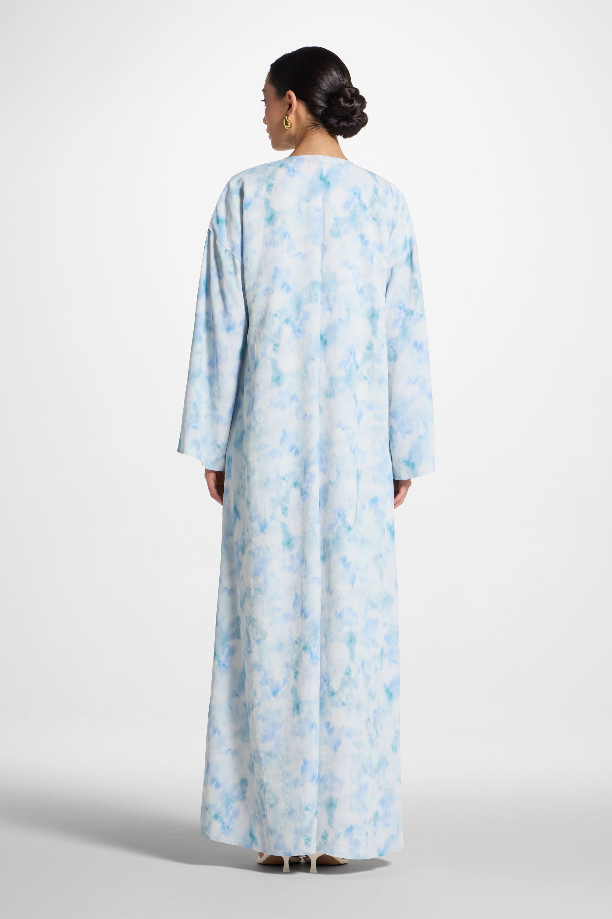 Lujain Printed Open Abaya - Blue Watercolor