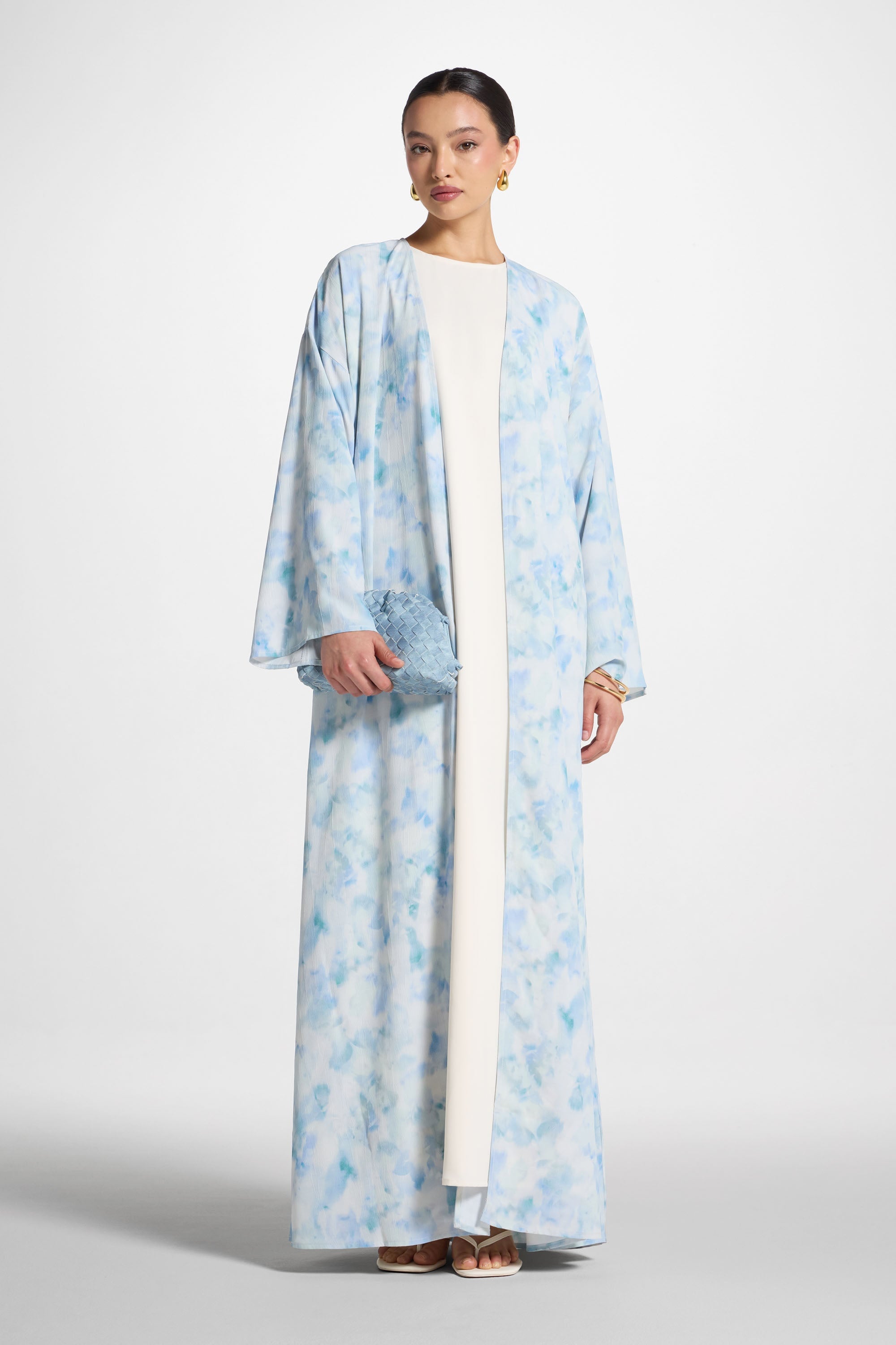 Lujain Printed Open Abaya - Blue Watercolor