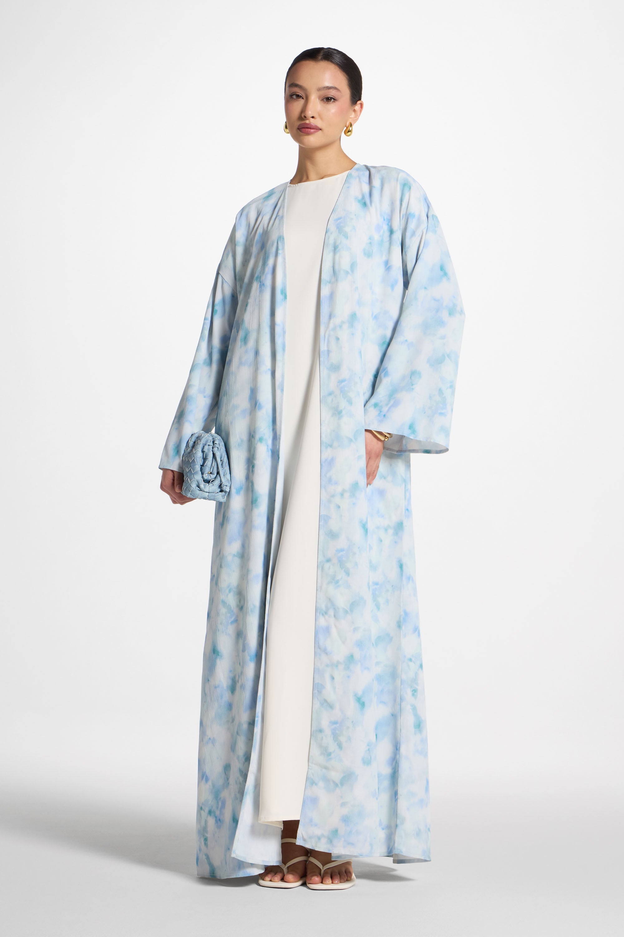 Lujain Printed Open Abaya - Blue Watercolor Dresses Veiled 